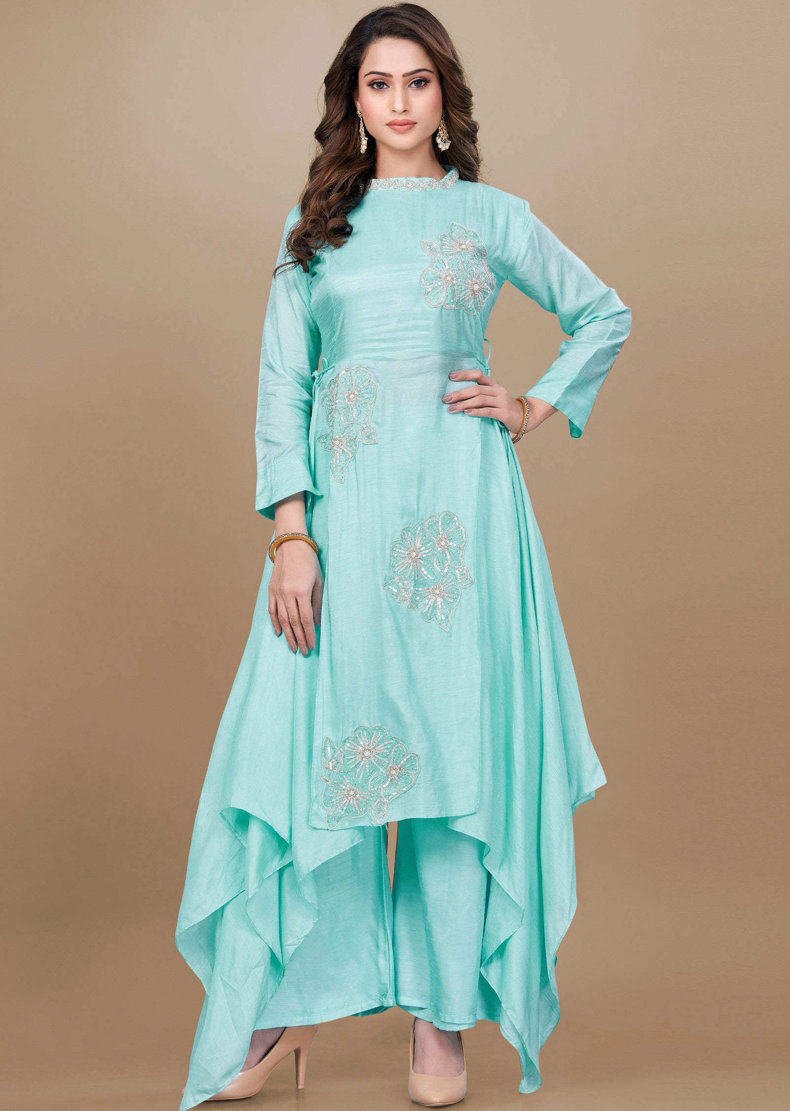 Light Sea Green Silk Fusion Palazzo Set 