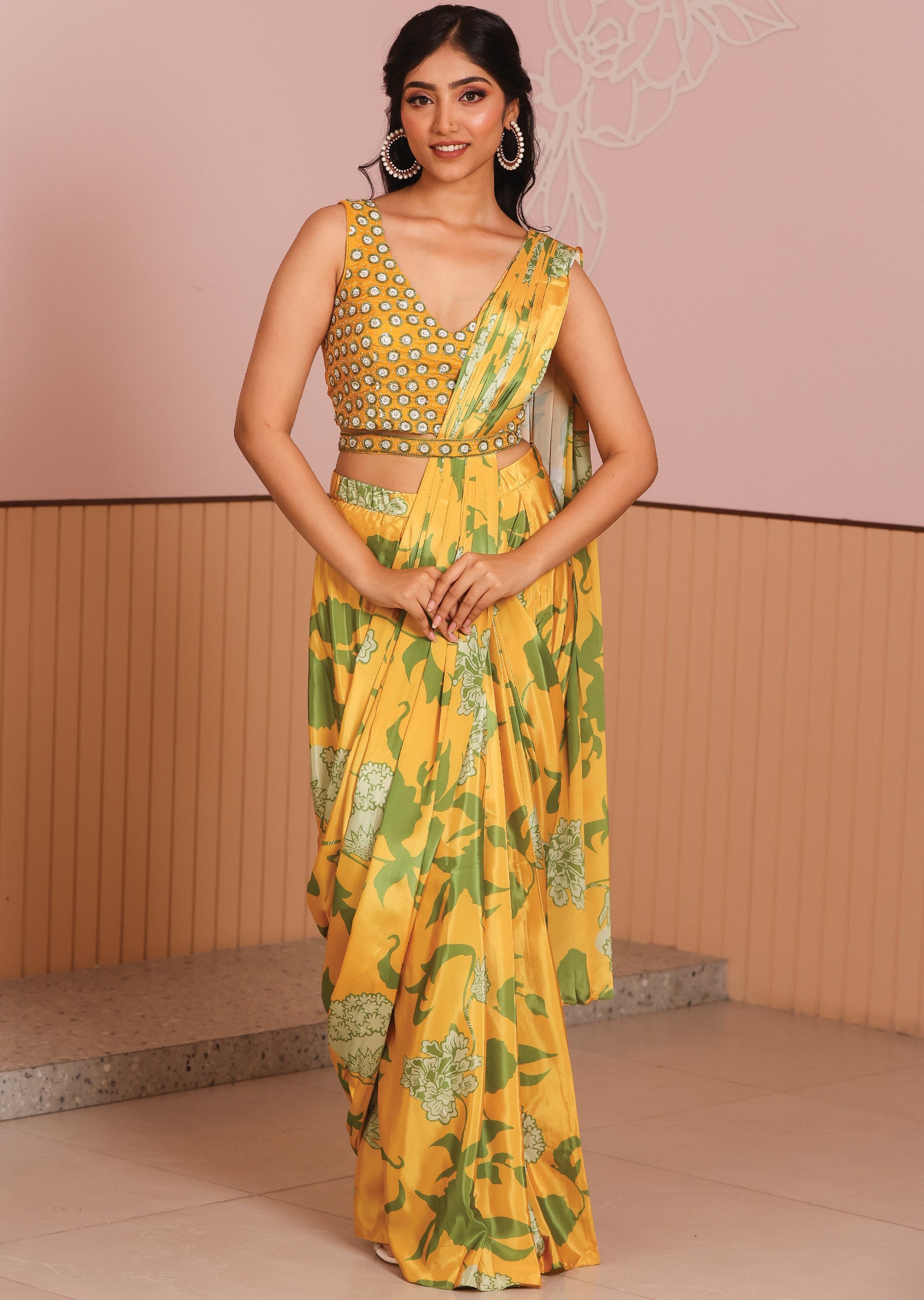 Mustard Silk Draped Skirt Set