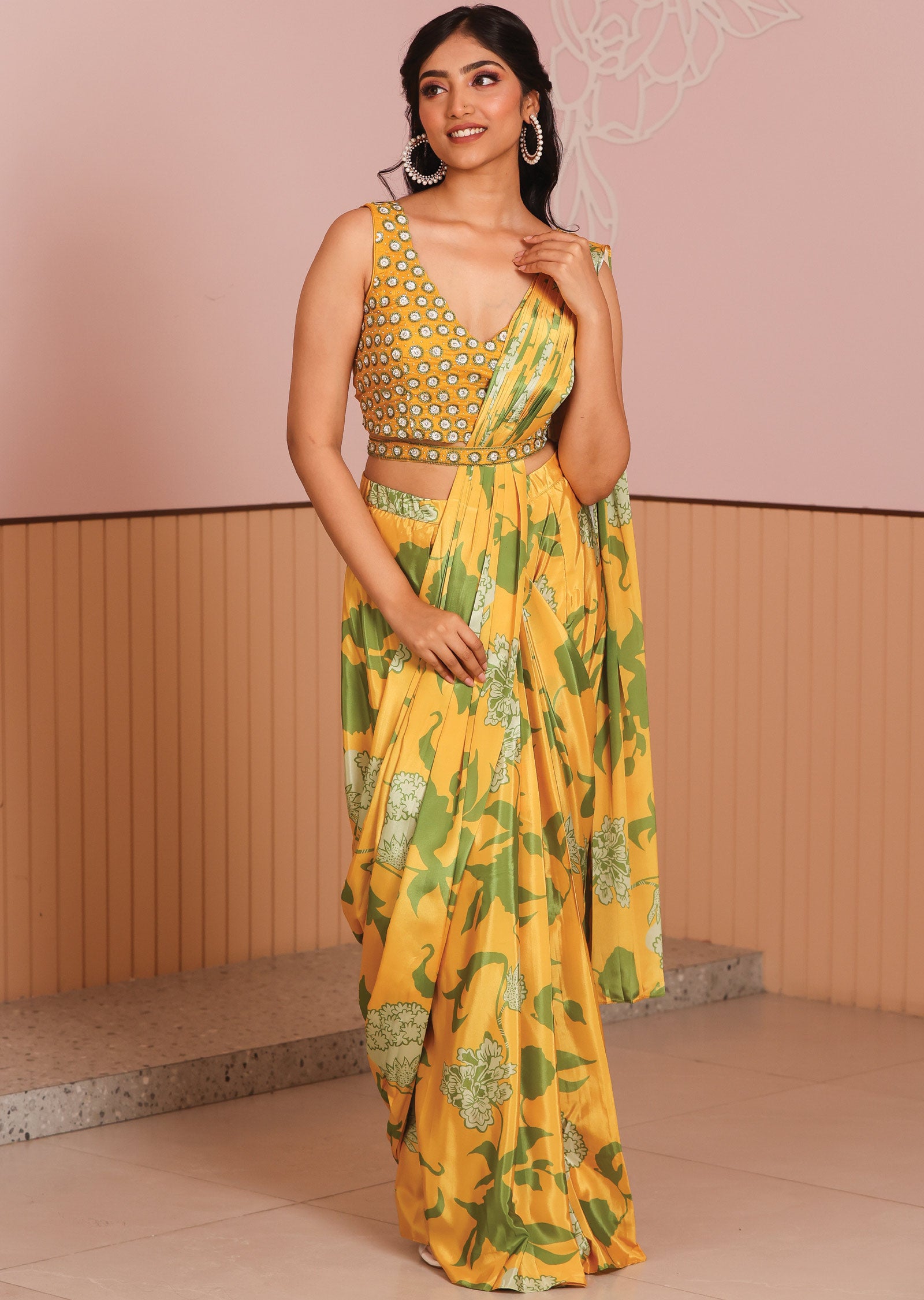 Mustard Silk Draped Skirt Set