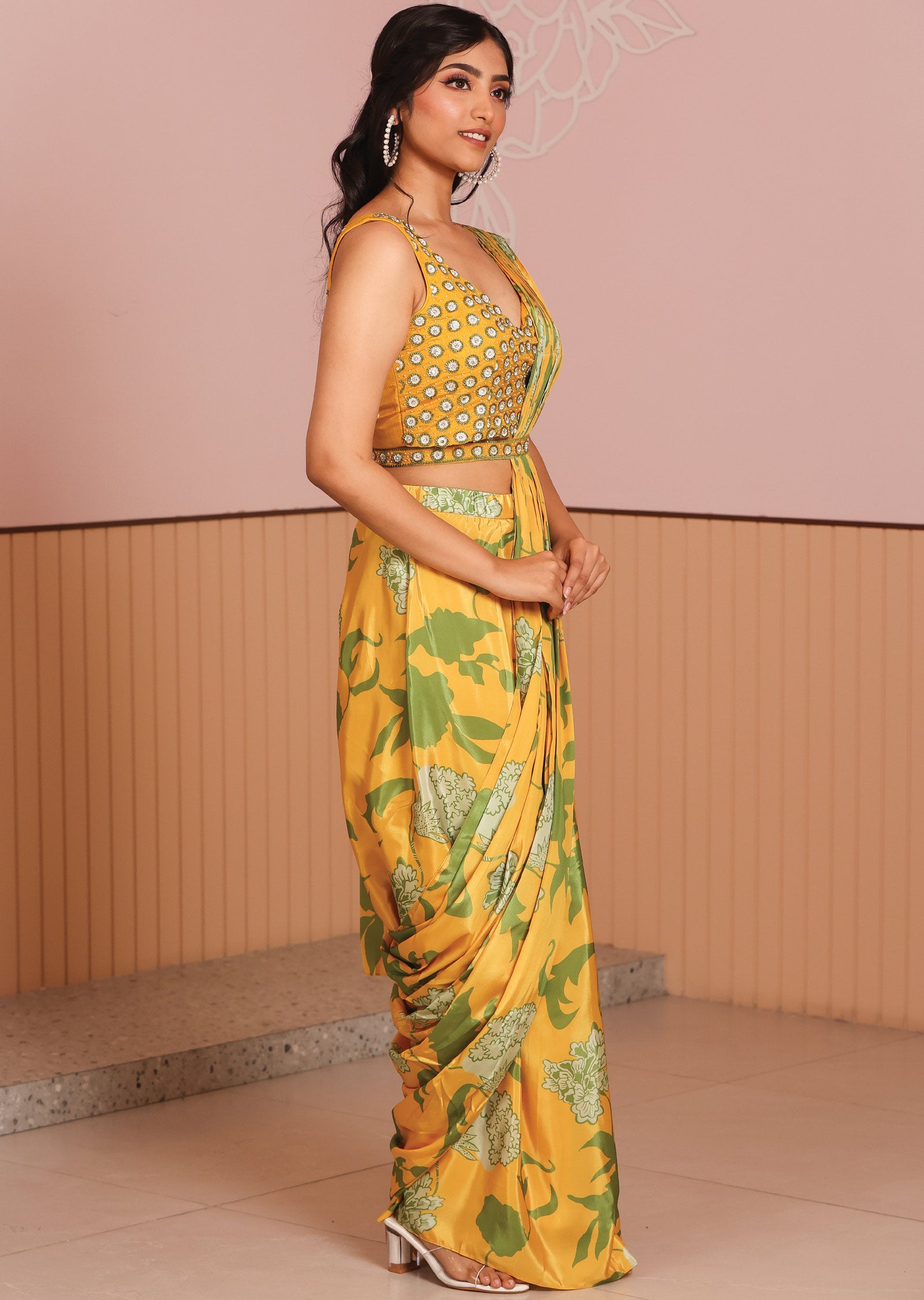 Mustard Silk Draped Skirt Set