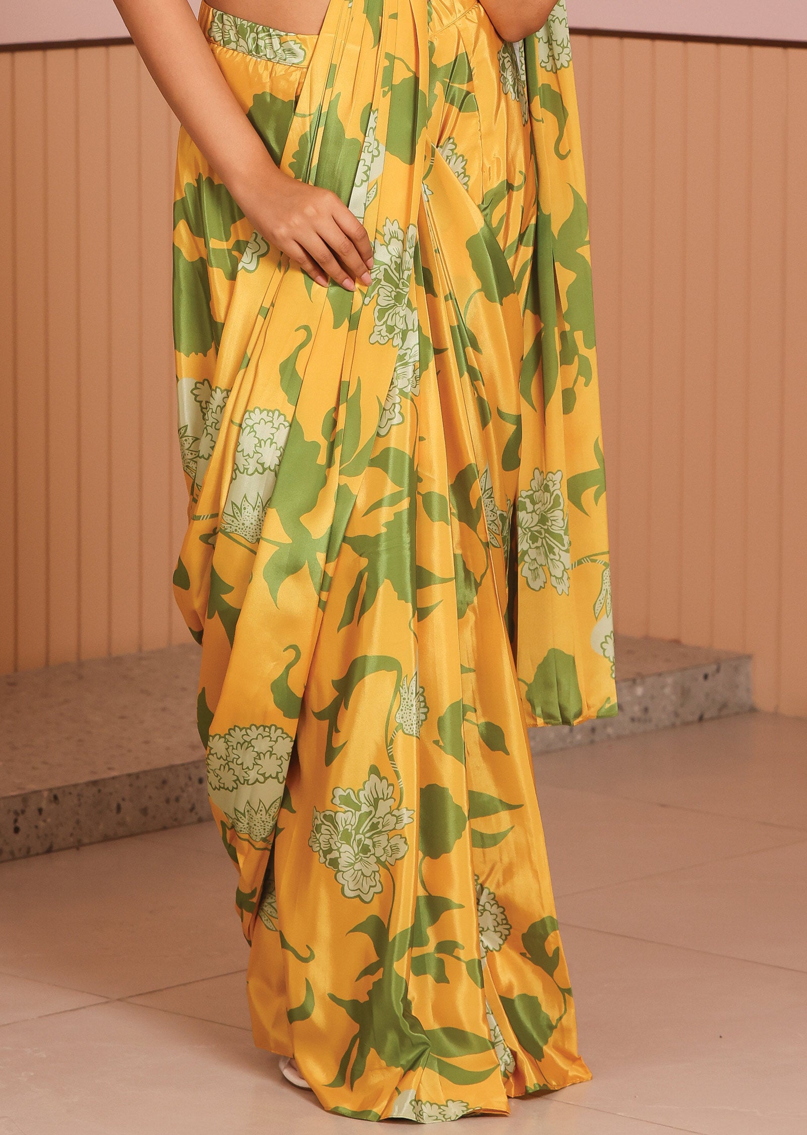 Mustard Silk Draped Skirt Set