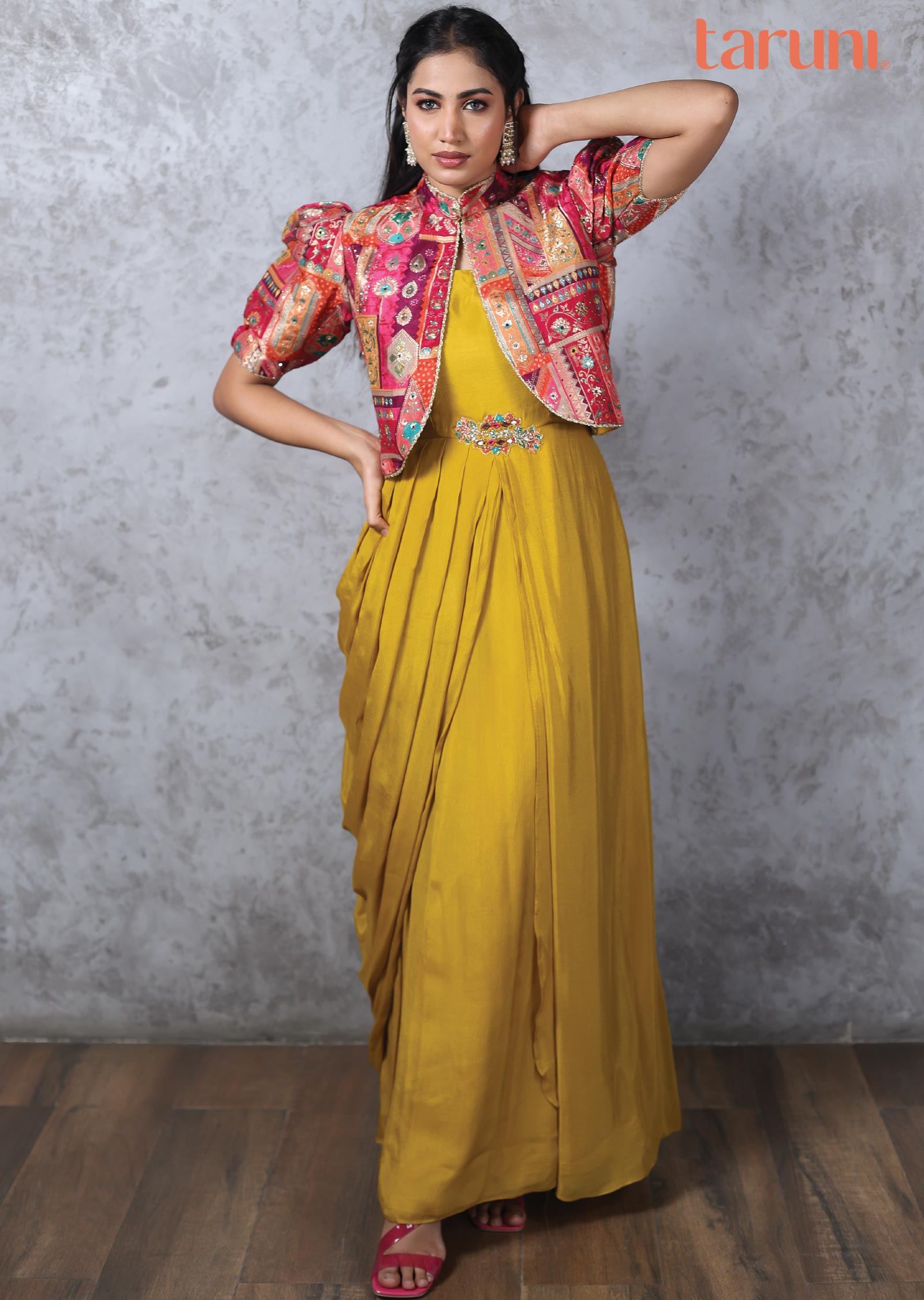 Mustard Chinnon & Banaras Gown