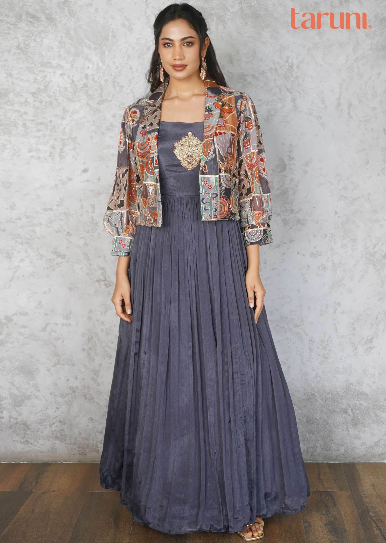 Grey & Multi Chinnon Embroidered Gowns