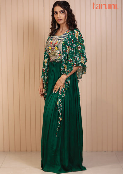 Green Chinnon Ikkat Printed Gown