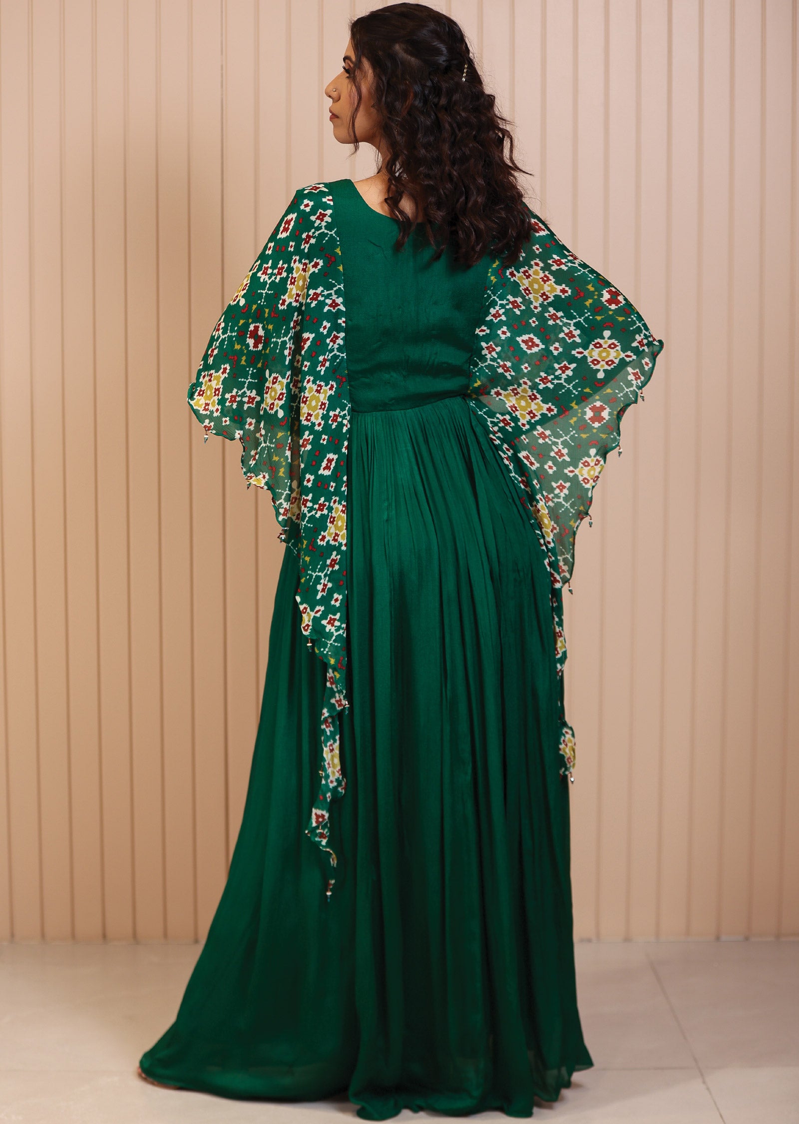 Green Chinnon Ikkat Printed Gown