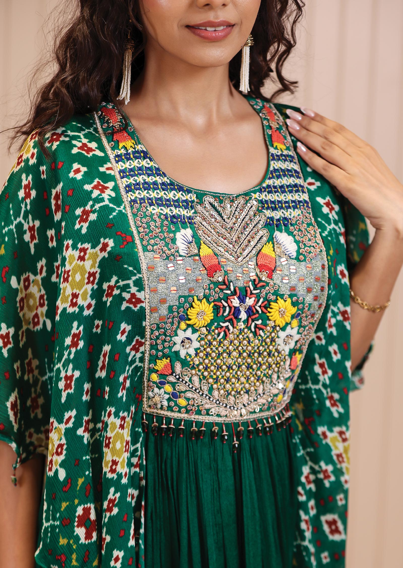 Green Chinnon Ikkat Printed Gown