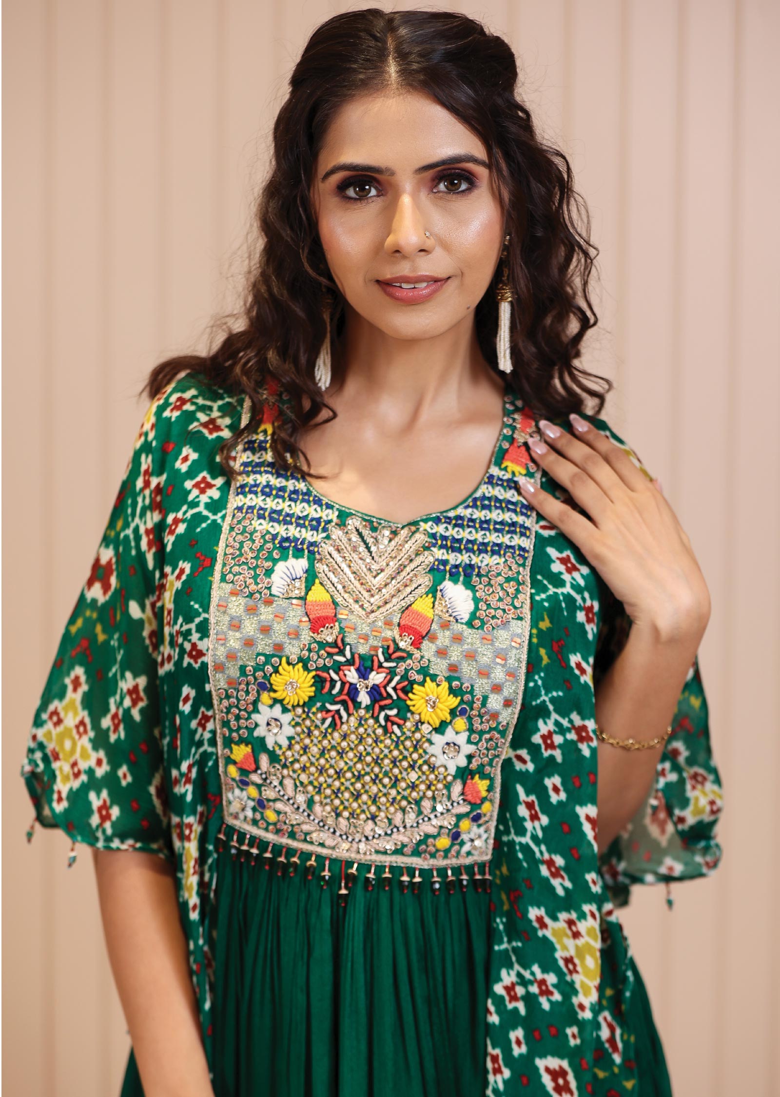 Green Chinnon Ikkat Printed Gown