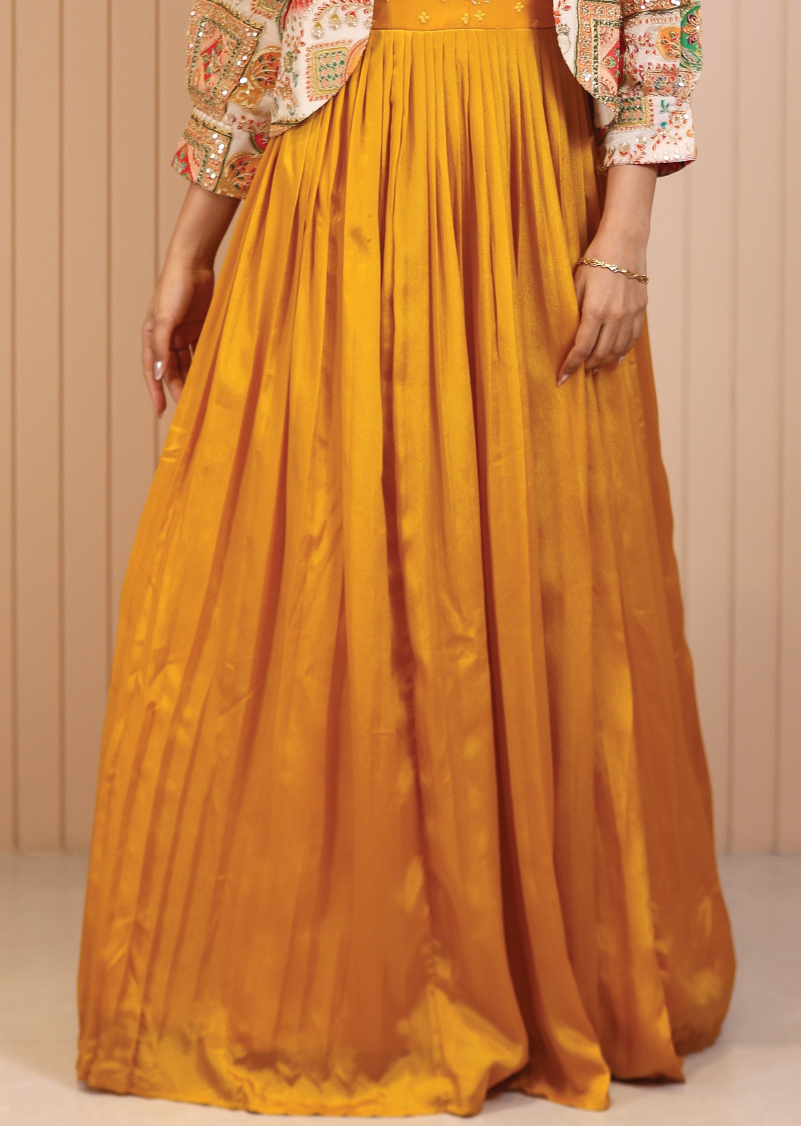 Mustard Chinnon Mirror & Resham Work Gown