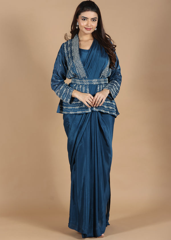 Blue & Teal Pure Chinnon Embroidered Afghani Style Dress main image 1