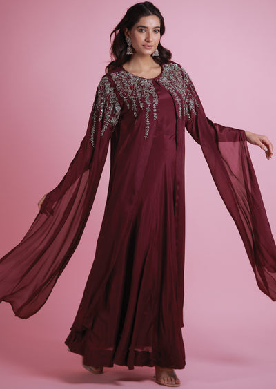 RBD042 - Chinnon floral print angrakha style suit in wine . Comes with dupatta. main image 0