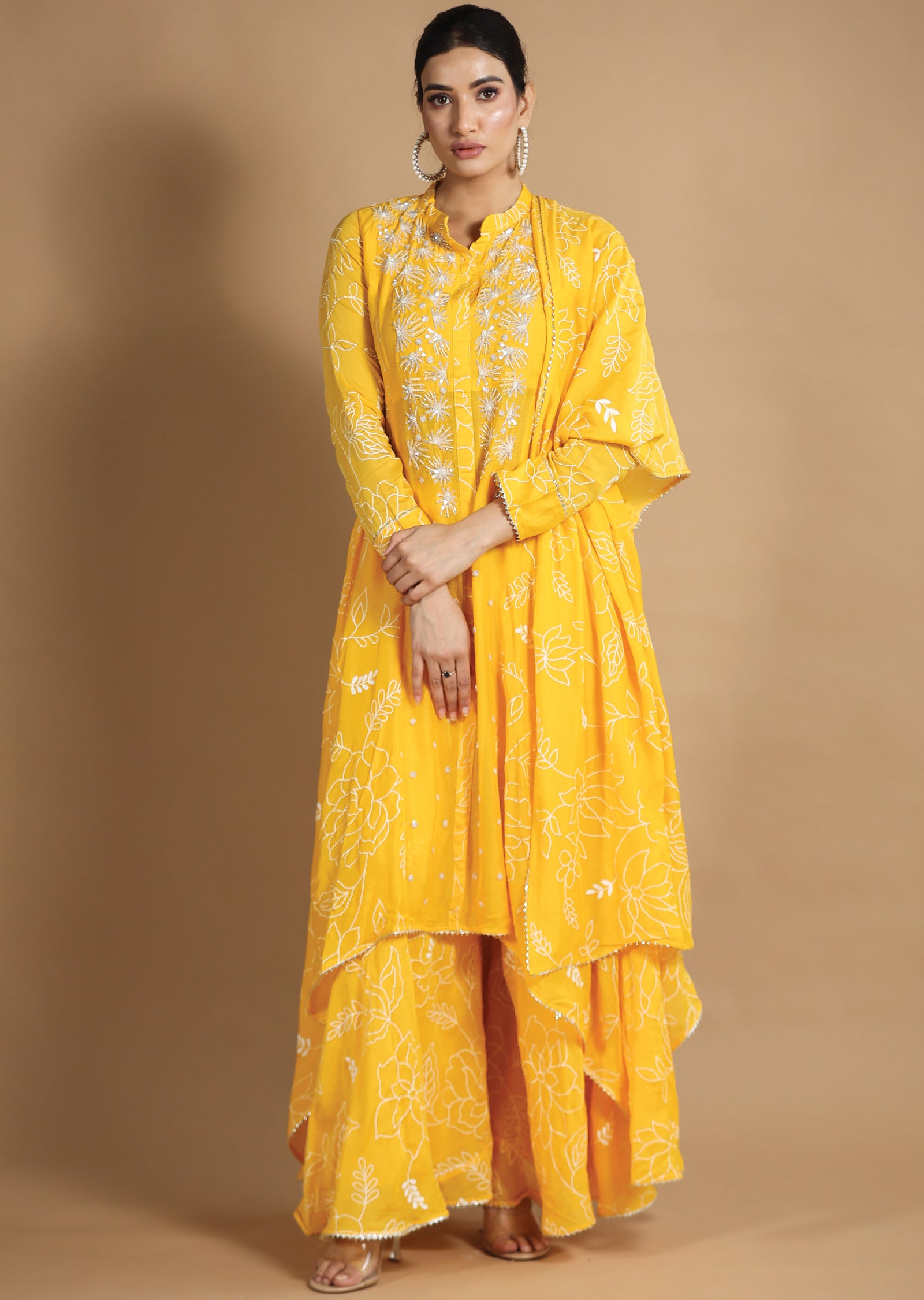 Yellow Muslin Chanderi Shararas/Ghararas