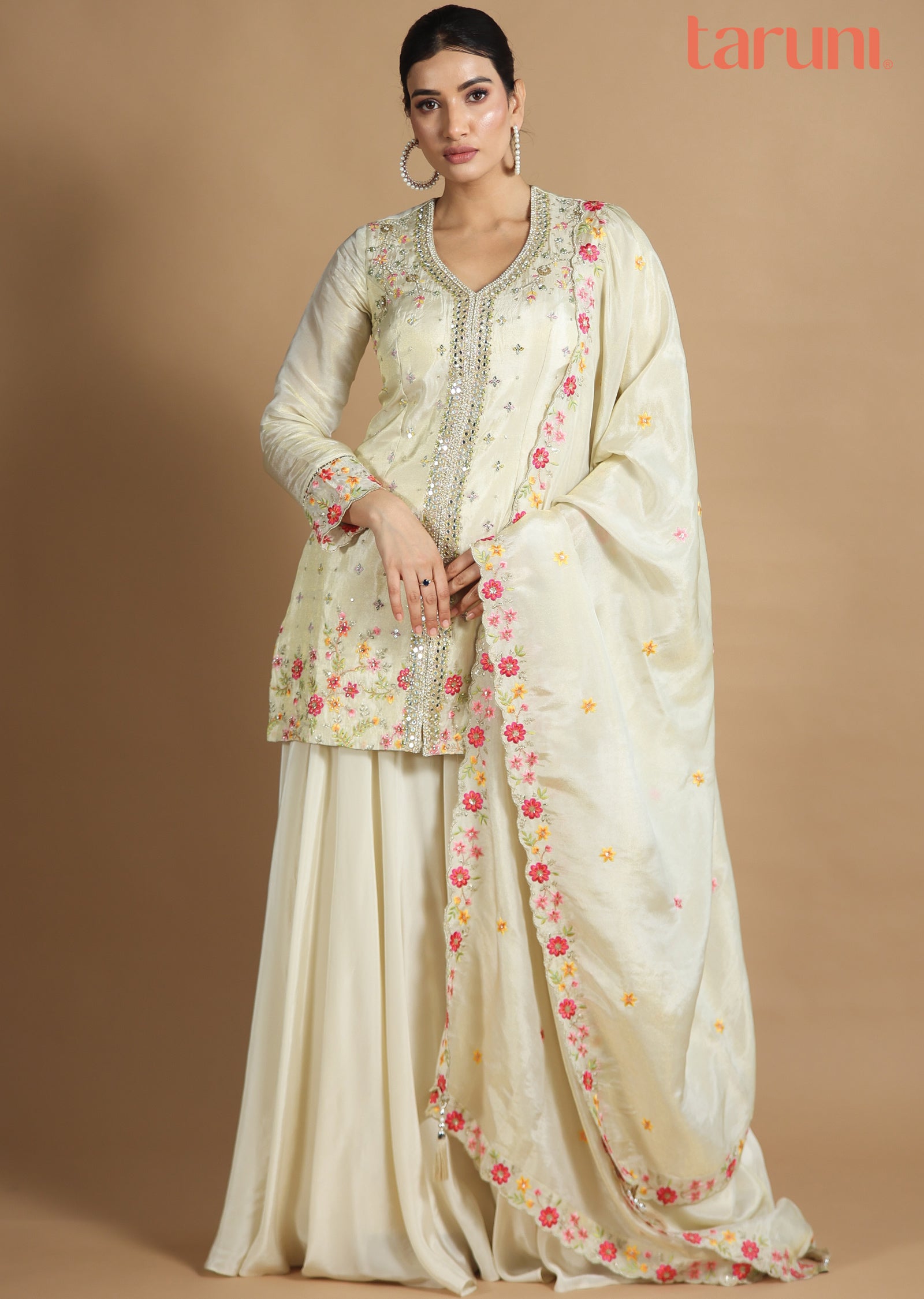 Beige Tissue Silk Shararas/Ghararas