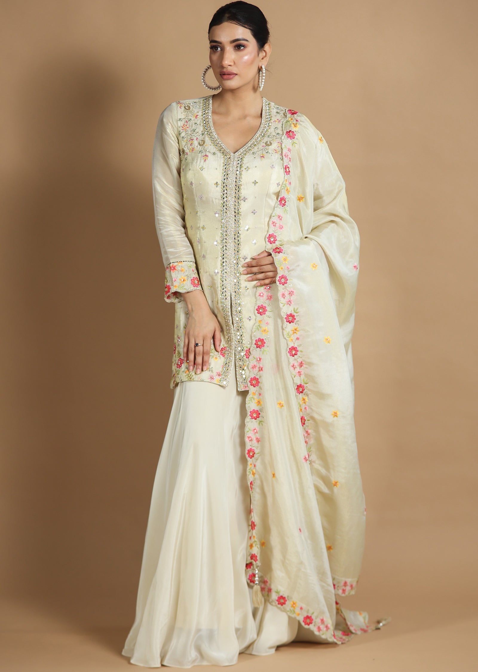 Beige Tissue Silk Shararas/Ghararas