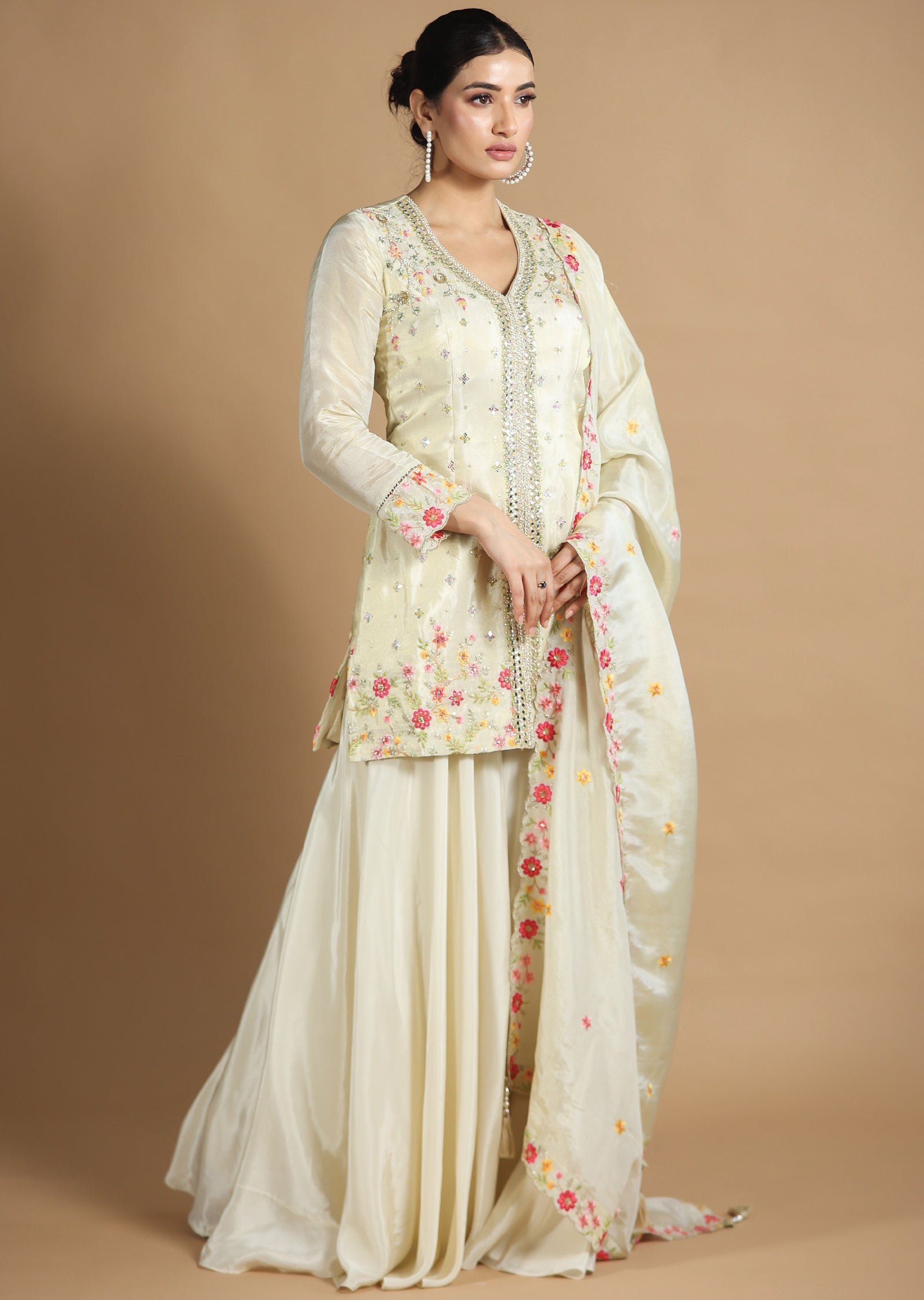 Beige Tissue Silk Shararas/Ghararas