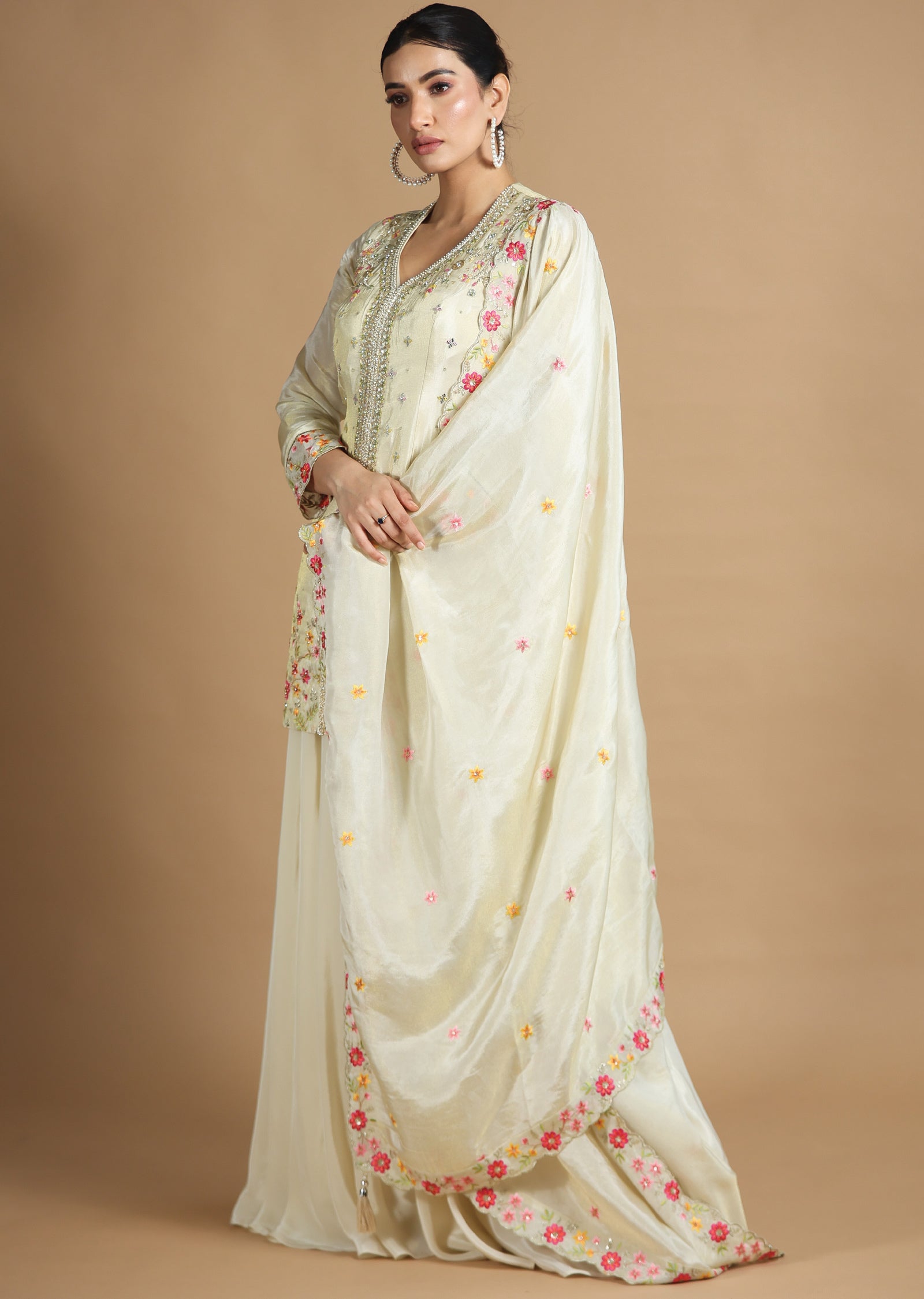 Beige Tissue Silk Shararas/Ghararas