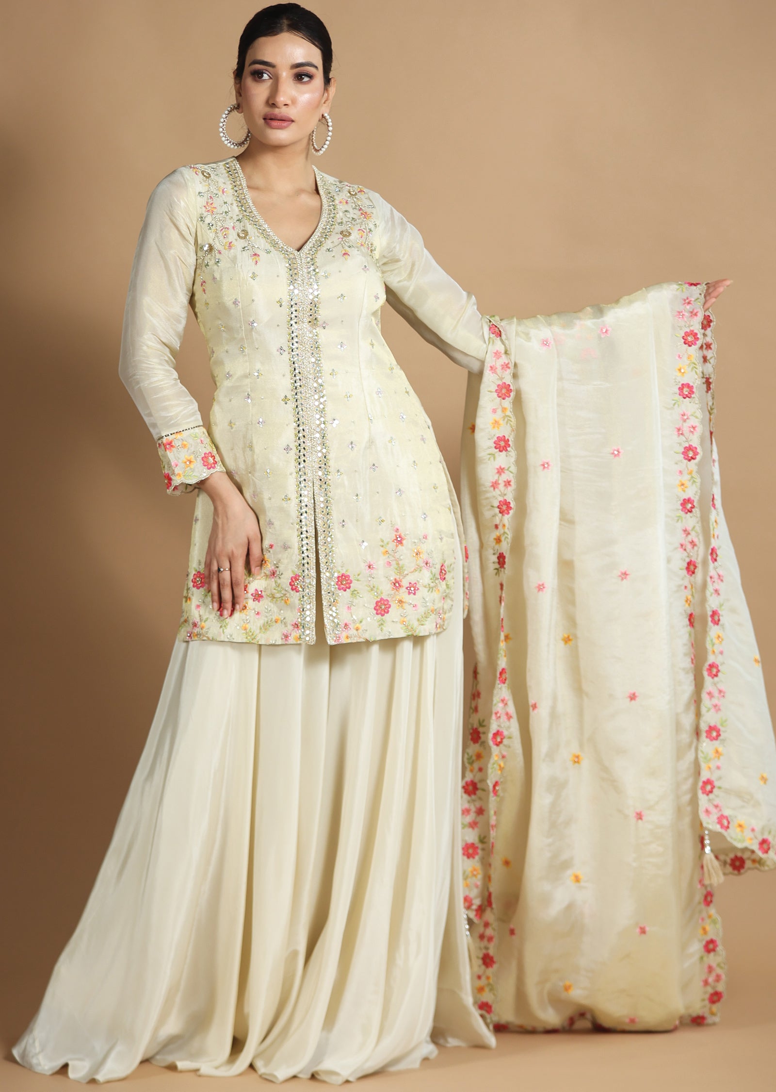 Beige Tissue Silk Shararas/Ghararas