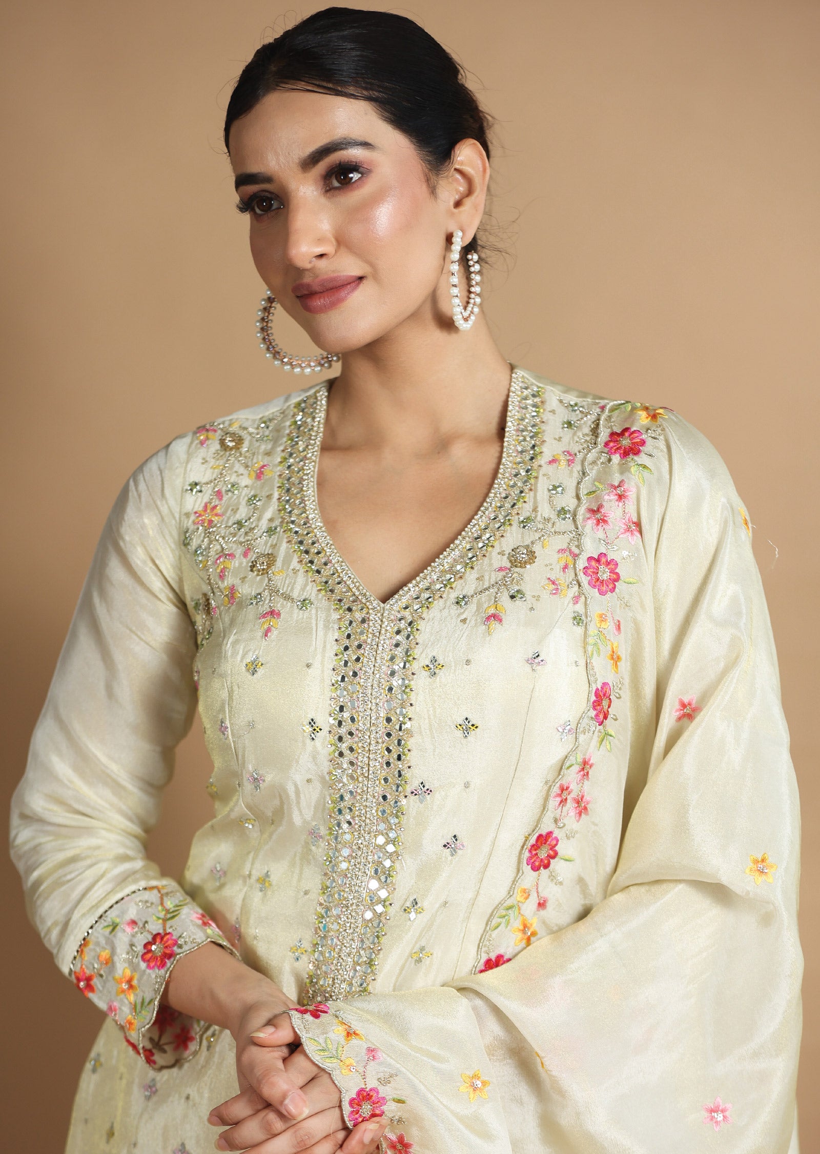 Beige Tissue Silk Shararas/Ghararas