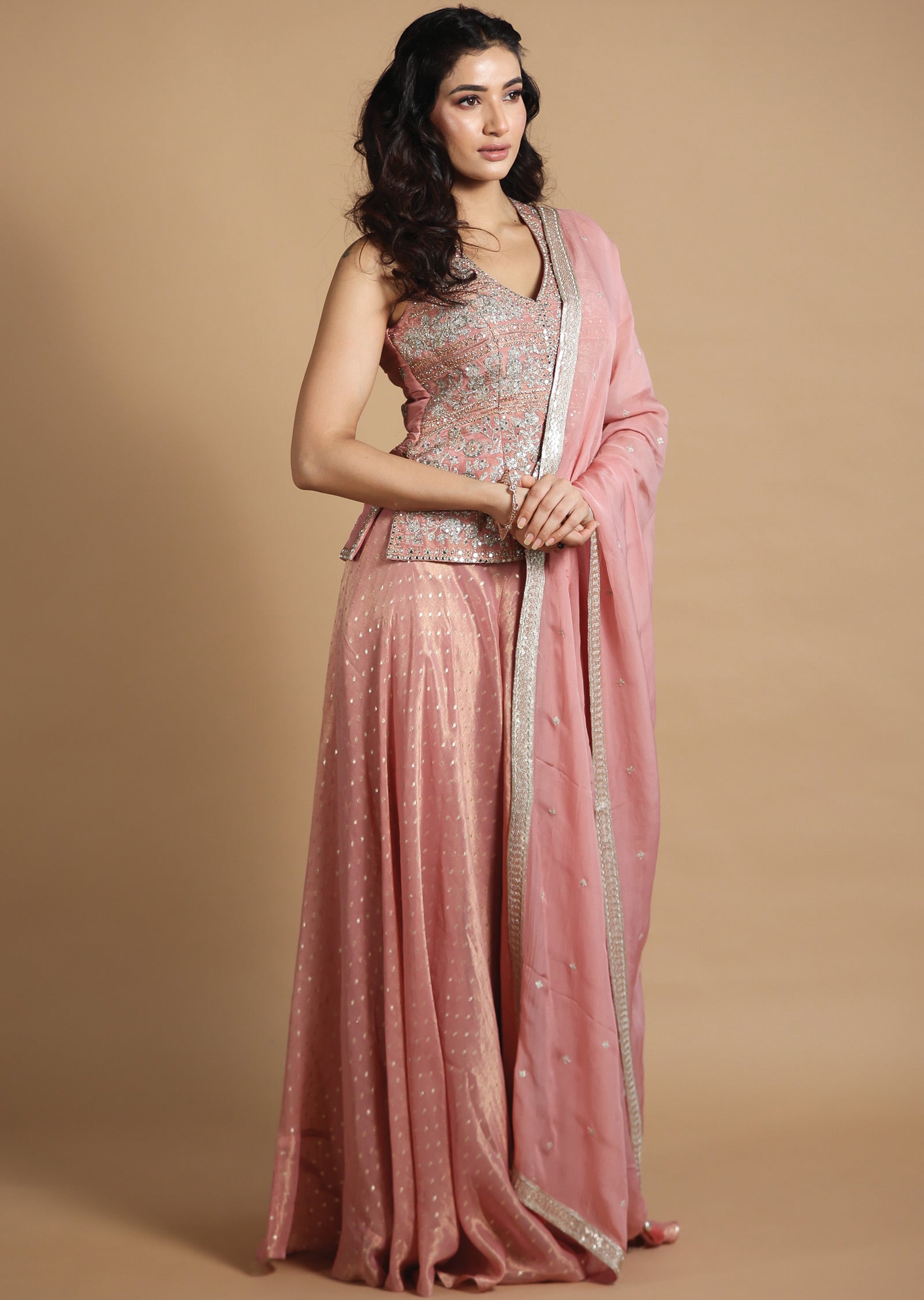 Dusty Peach Tissue Silk Shararas/Ghararas