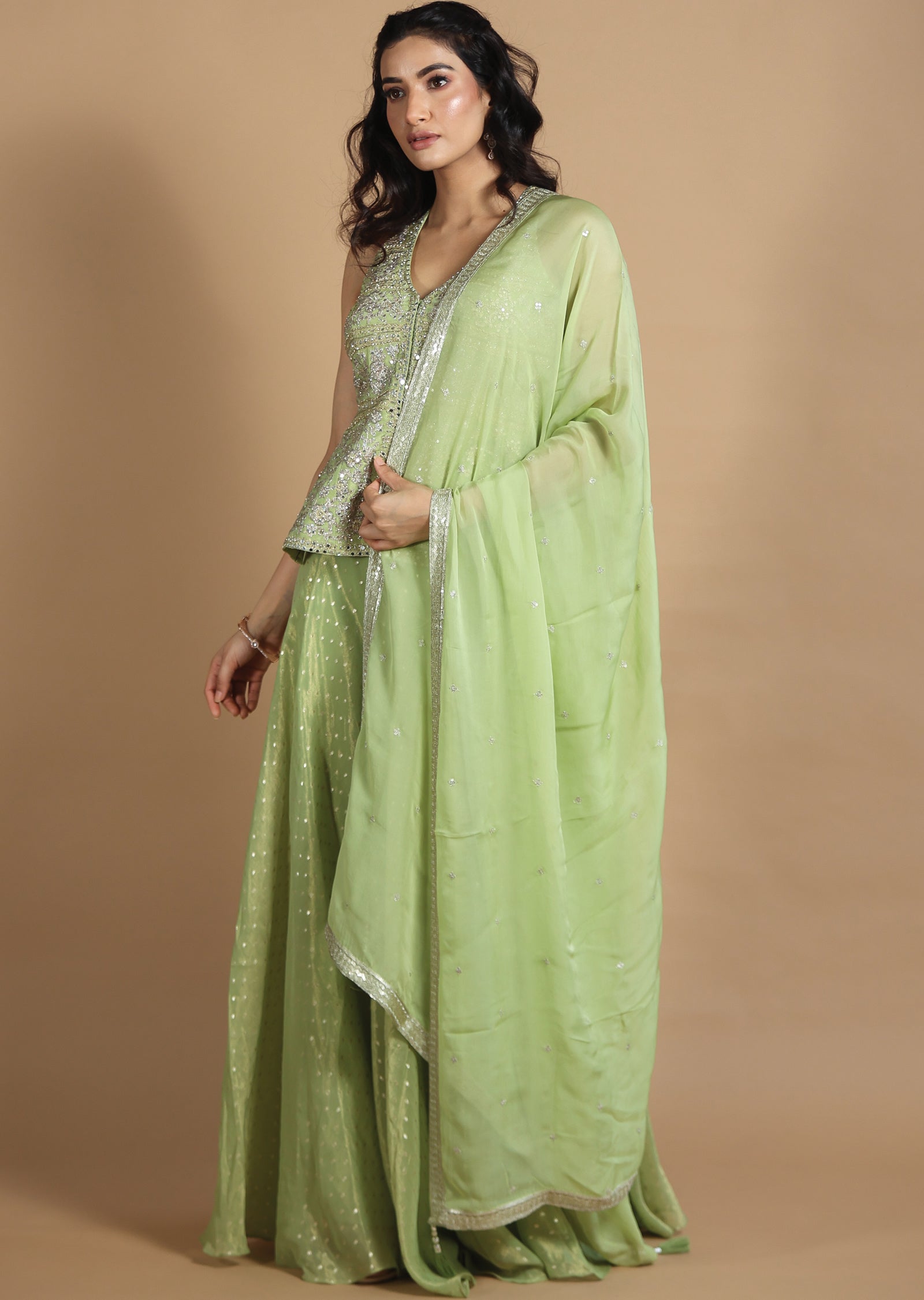 Light Green Tissue Silk Shararas/Ghararas