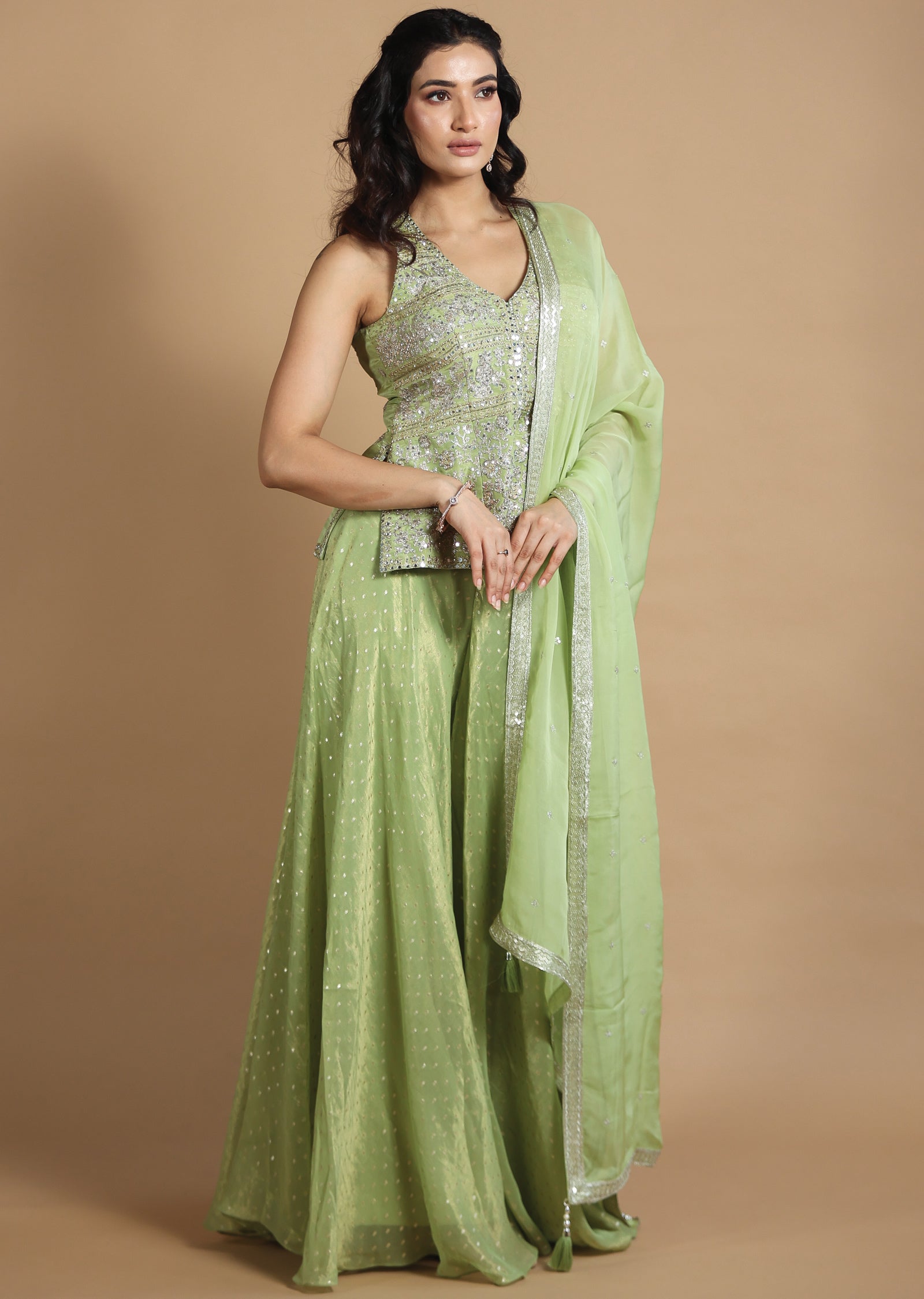 Light Green Tissue Silk Shararas/Ghararas