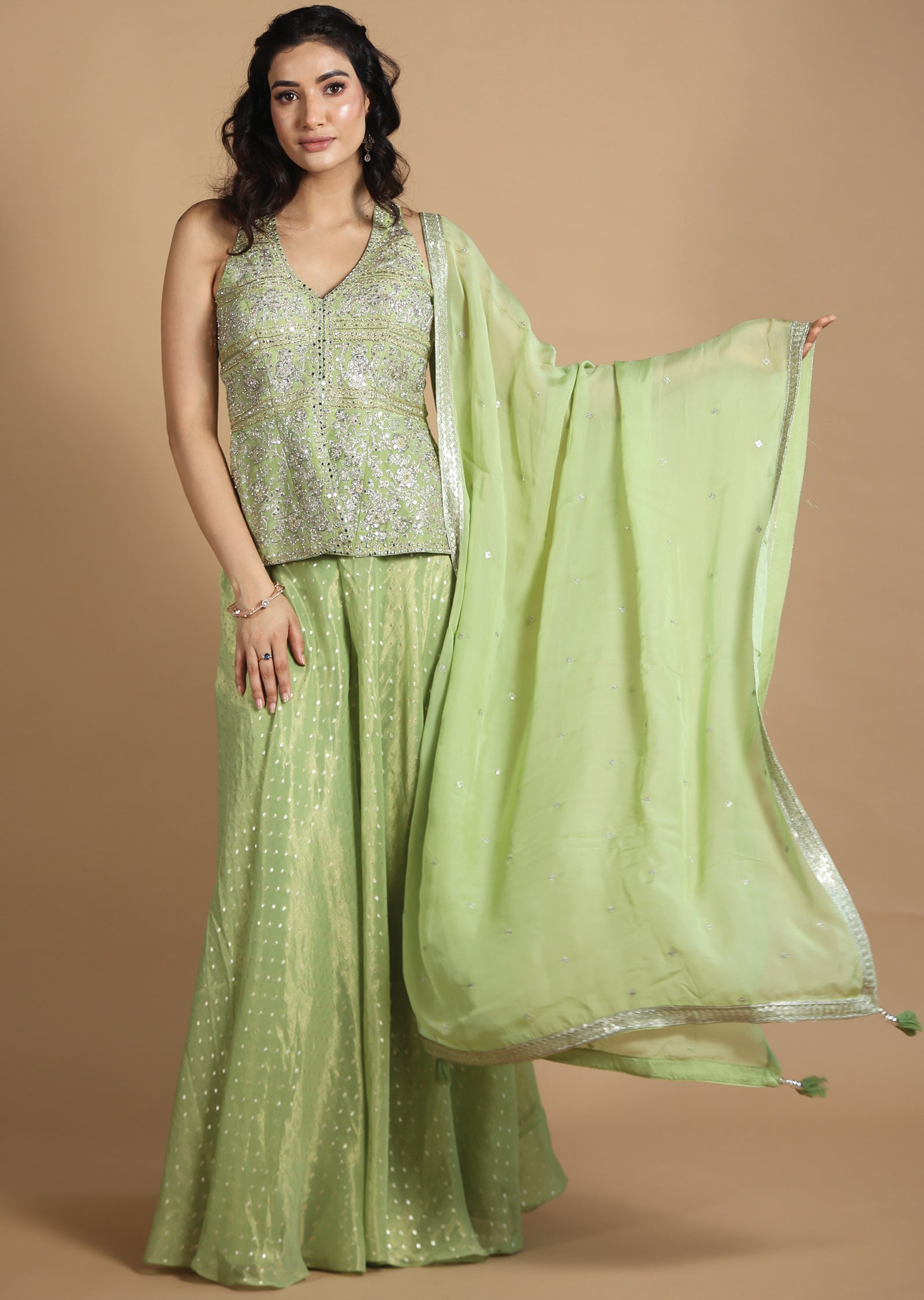 Light Green Tissue Silk Shararas/Ghararas