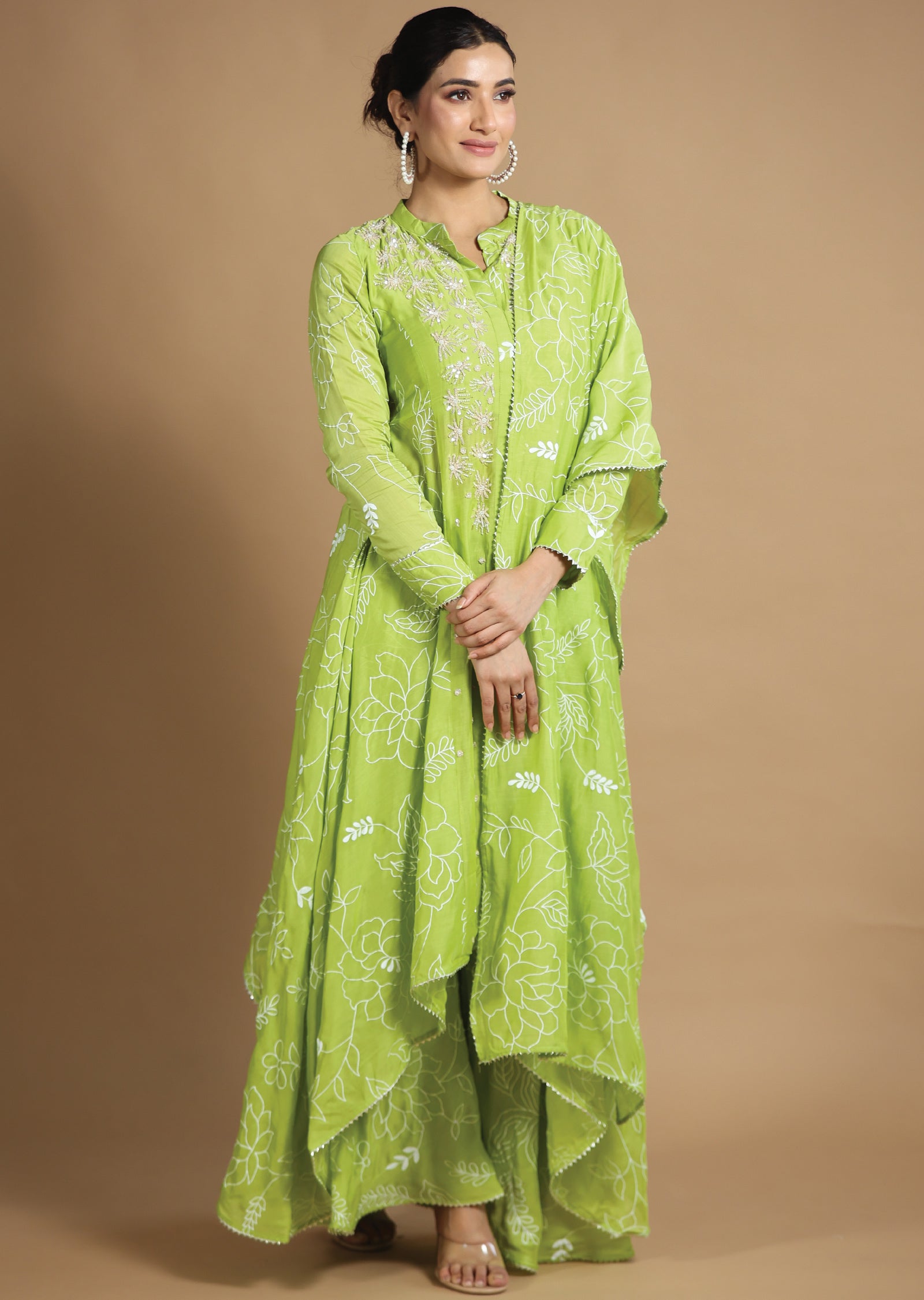 Parrot Green Muslin Chanderi Shararas/Ghararas