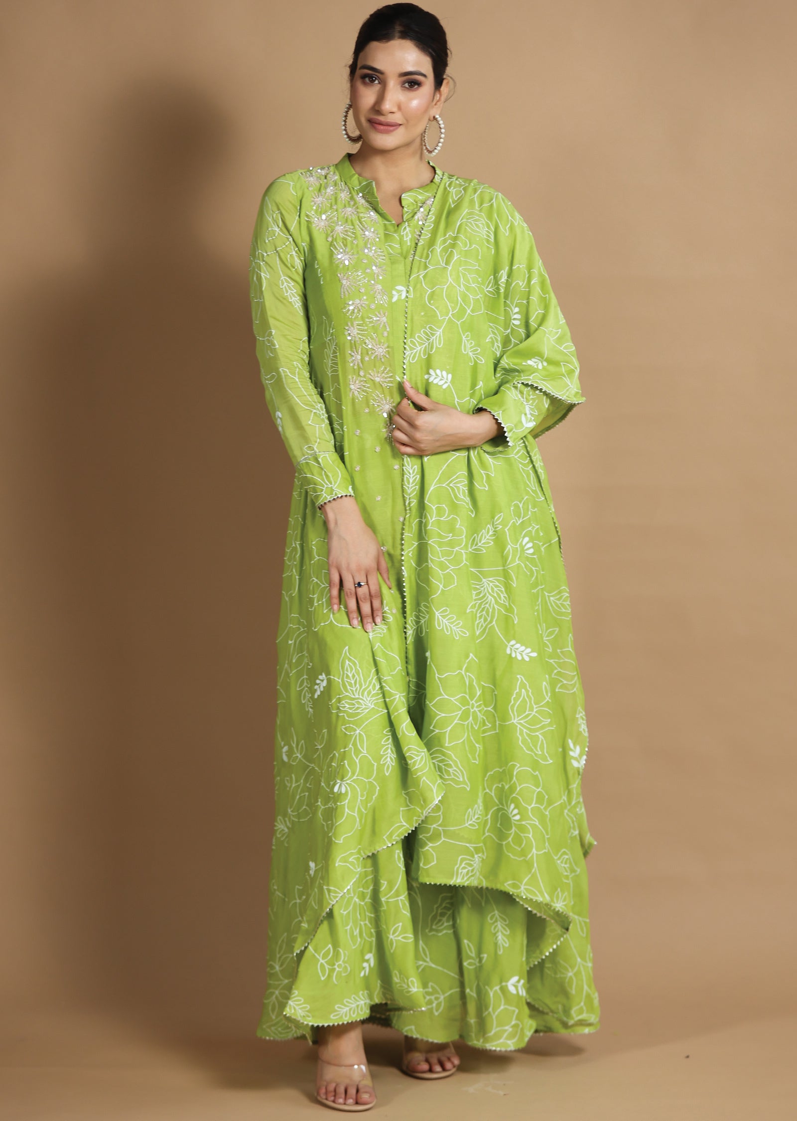 Parrot Green Muslin Chanderi Shararas/Ghararas