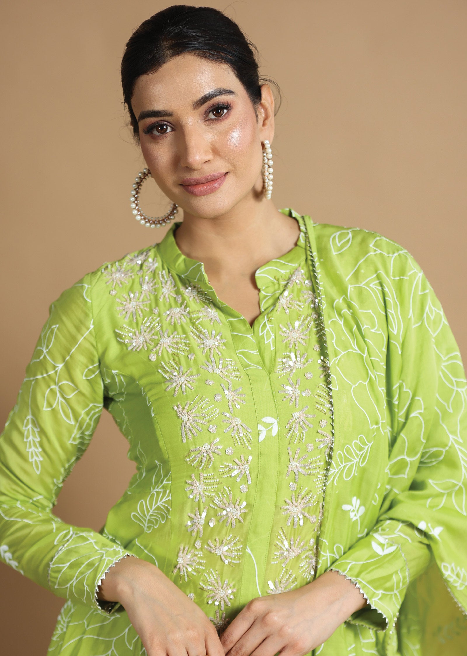 Parrot Green Muslin Chanderi Shararas/Ghararas