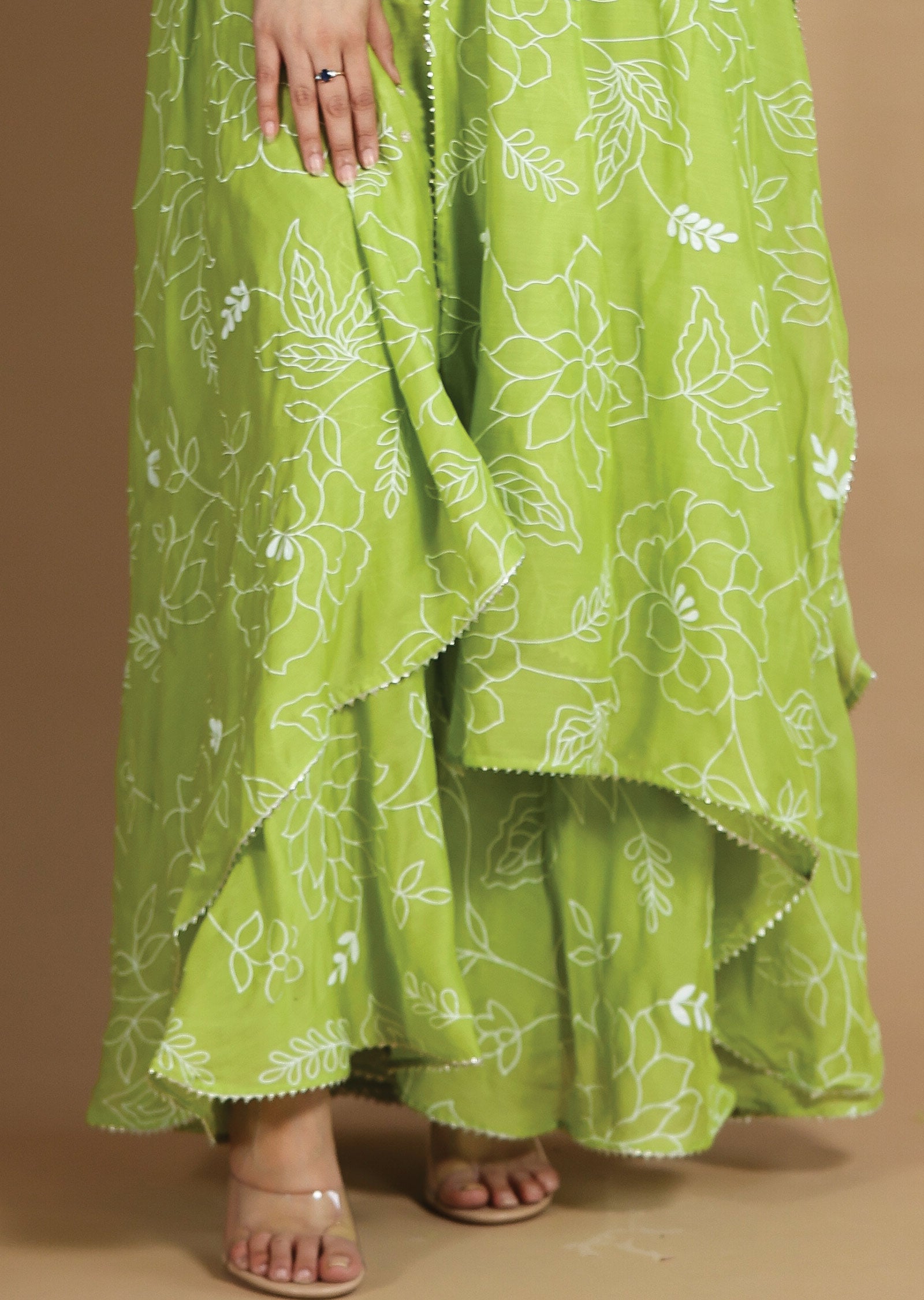 Parrot Green Muslin Chanderi Shararas/Ghararas