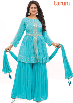 Sea Green Georgette Peplum Top with Zari & Mirror Work