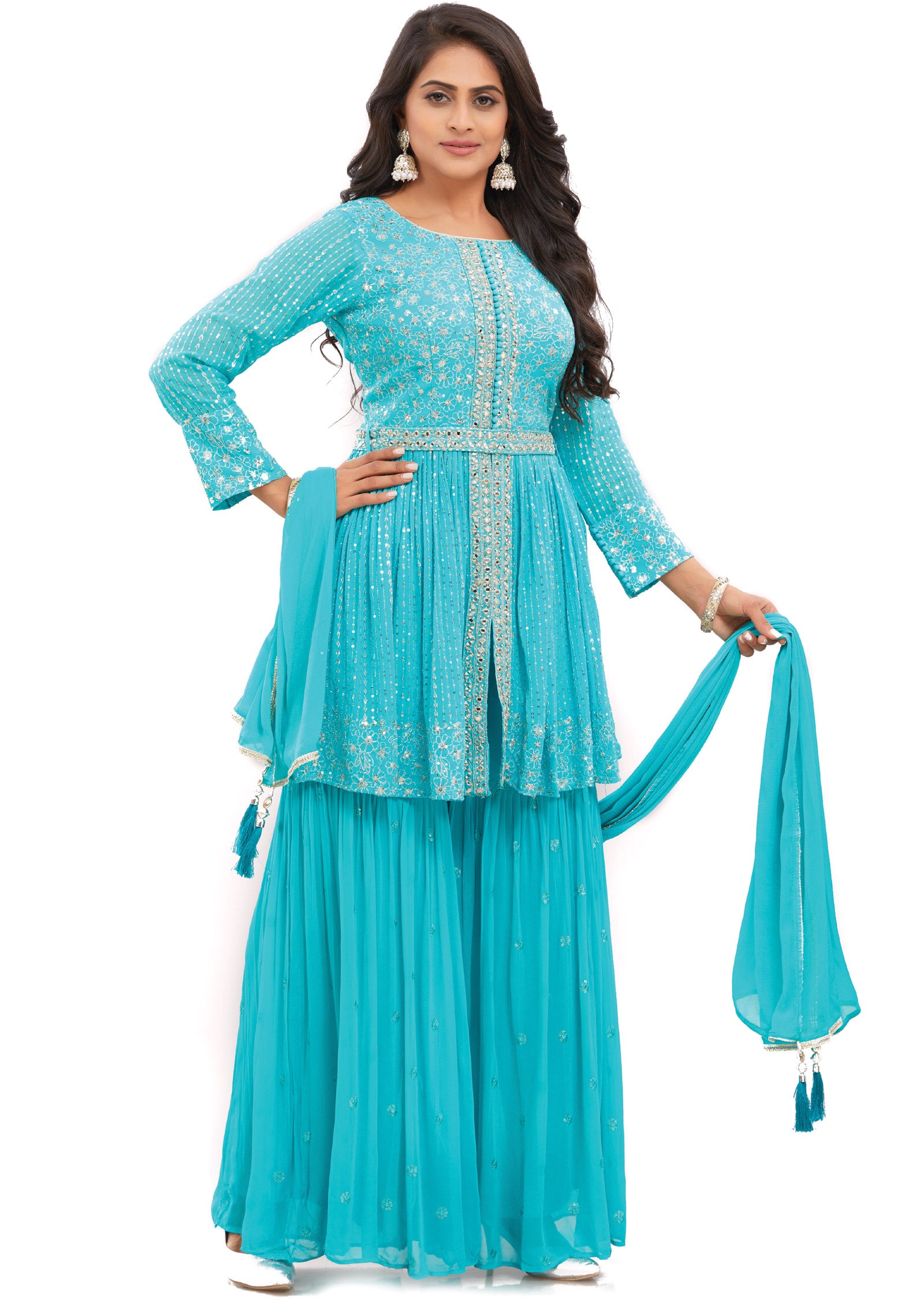 Sea Green Georgette Shararas/Ghararas