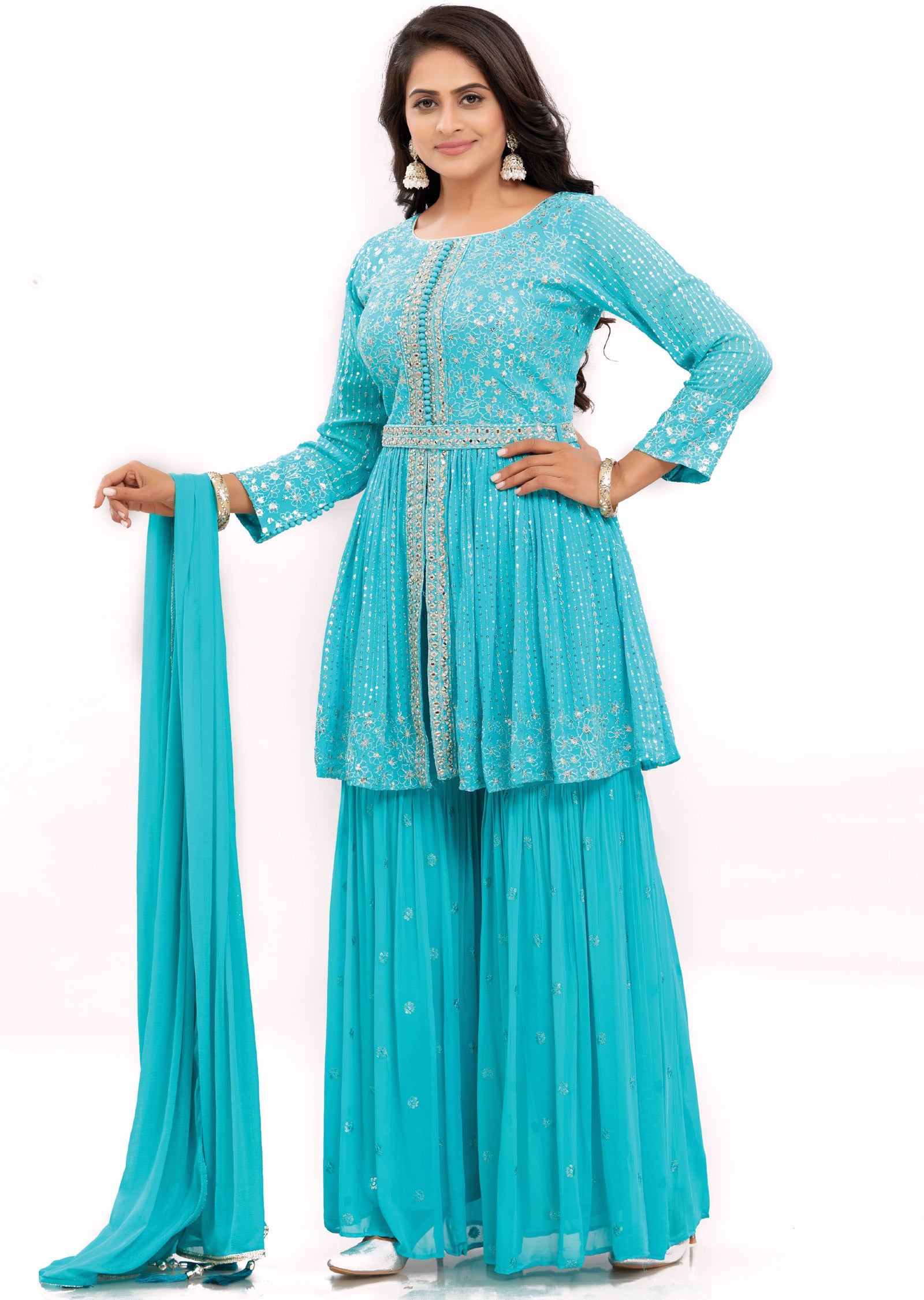 Sea Green Georgette Shararas/Ghararas