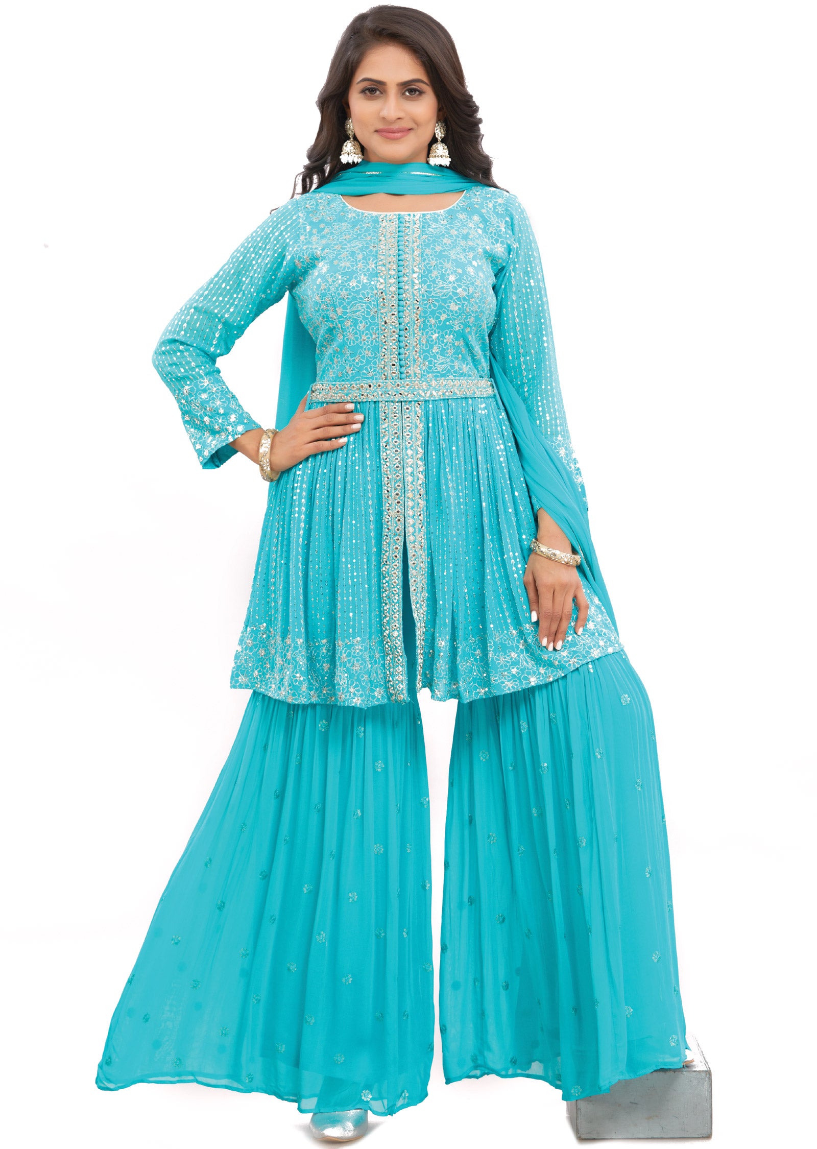 Sea Green Georgette Shararas/Ghararas