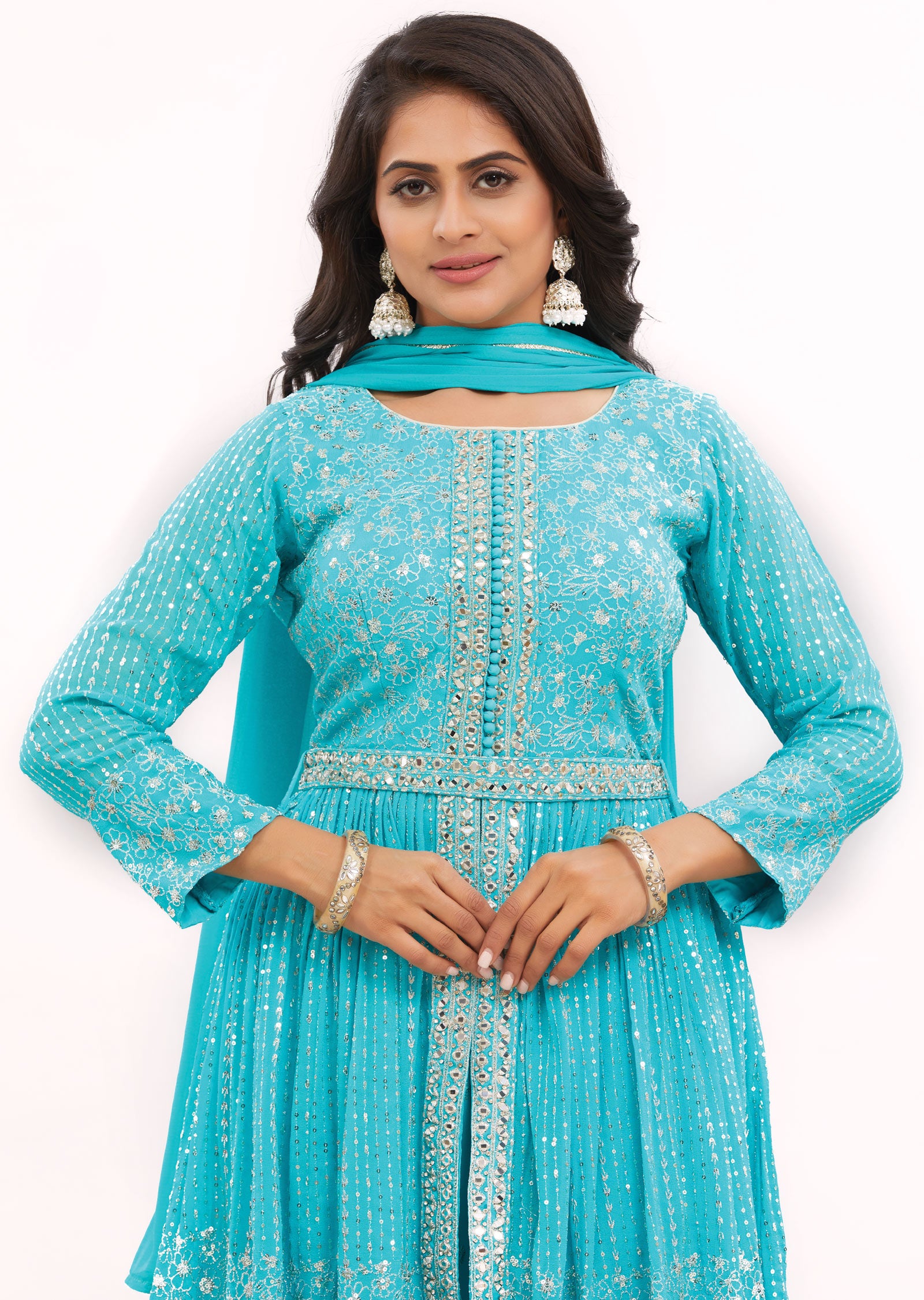 Sea Green Georgette Shararas/Ghararas