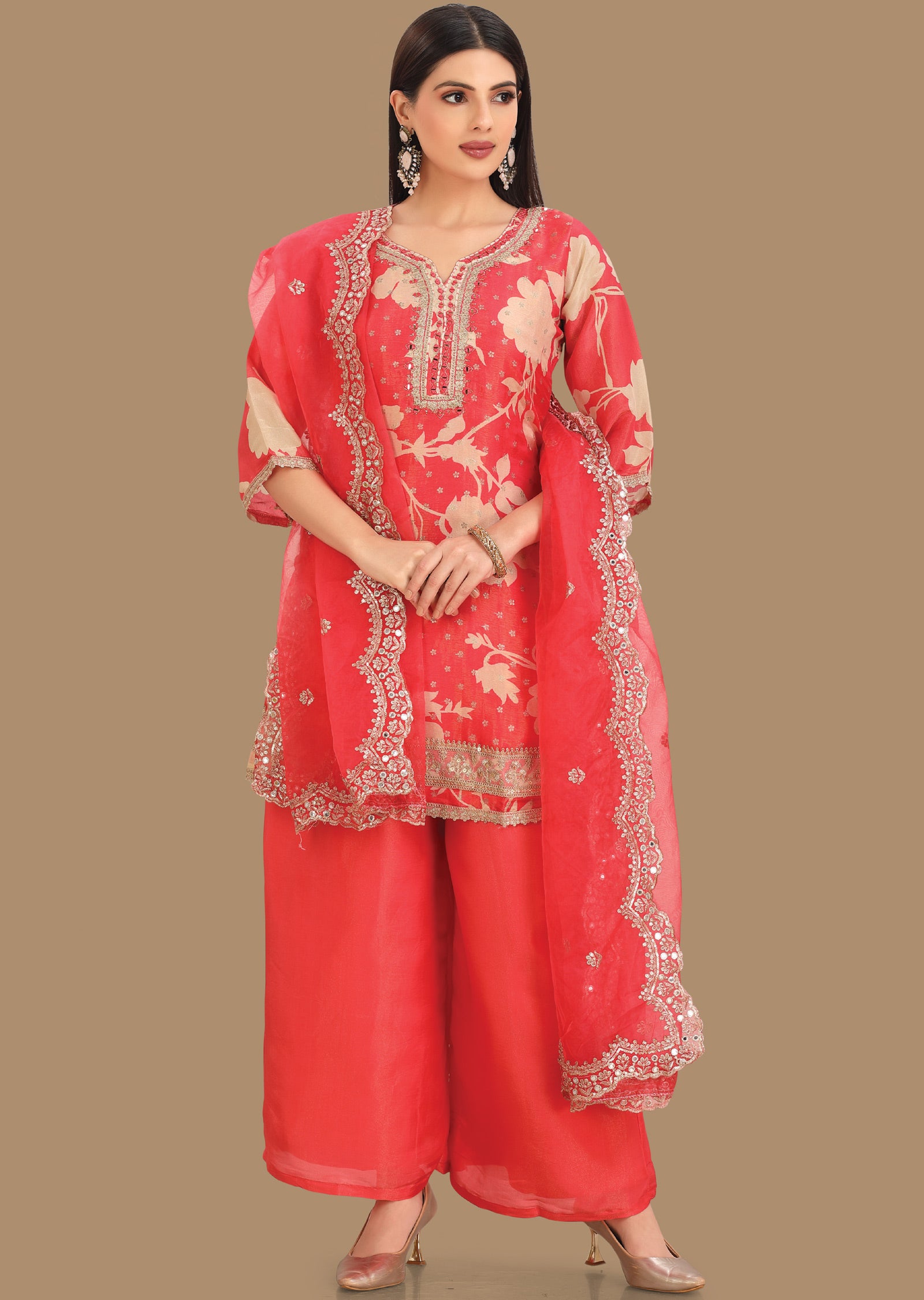 Coral Pink Tissue Banaras Shararas Ghararas