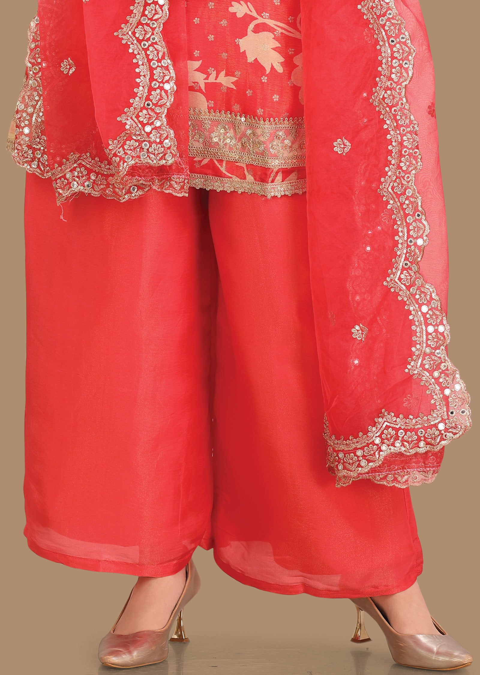 Coral Pink Tissue Banaras Shararas Ghararas