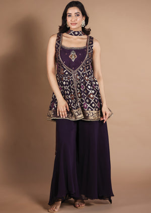 Dark Wine Banaras Silk Shararas Ghararas