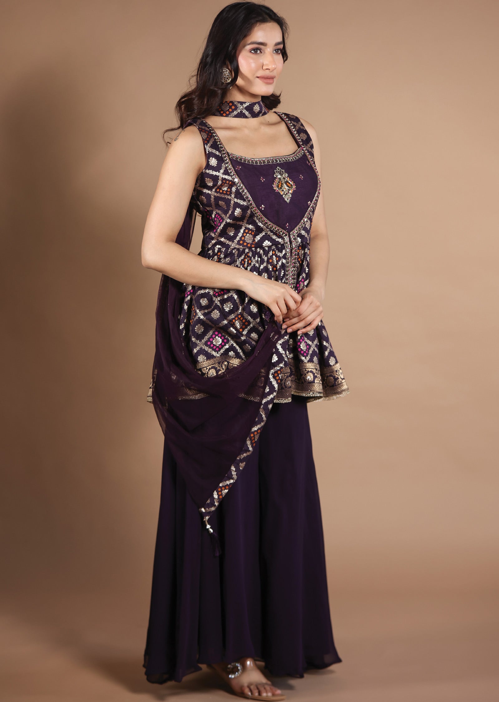 Dark Wine Banaras Silk Shararas Ghararas