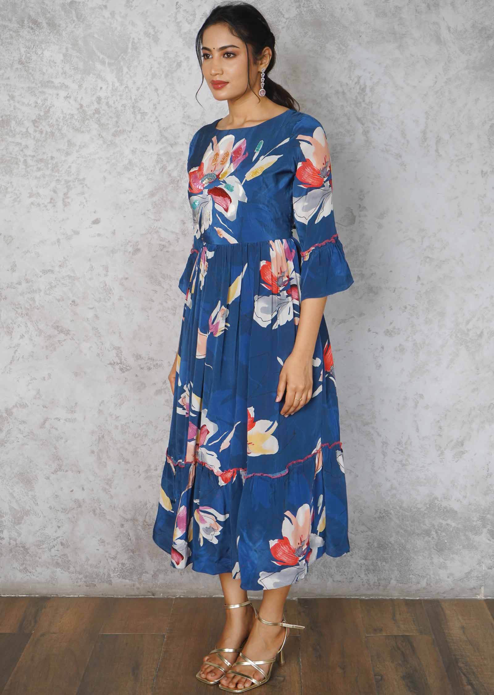 Dark Ink Blue Crepe Embroidered Frock Style Kurti