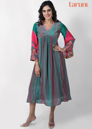 Green & Pink Crepe Embroidered Frock Style Kurti