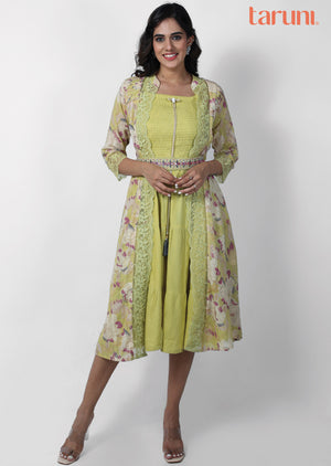 Dusty Green Cotton Printed Frock Style Kurti