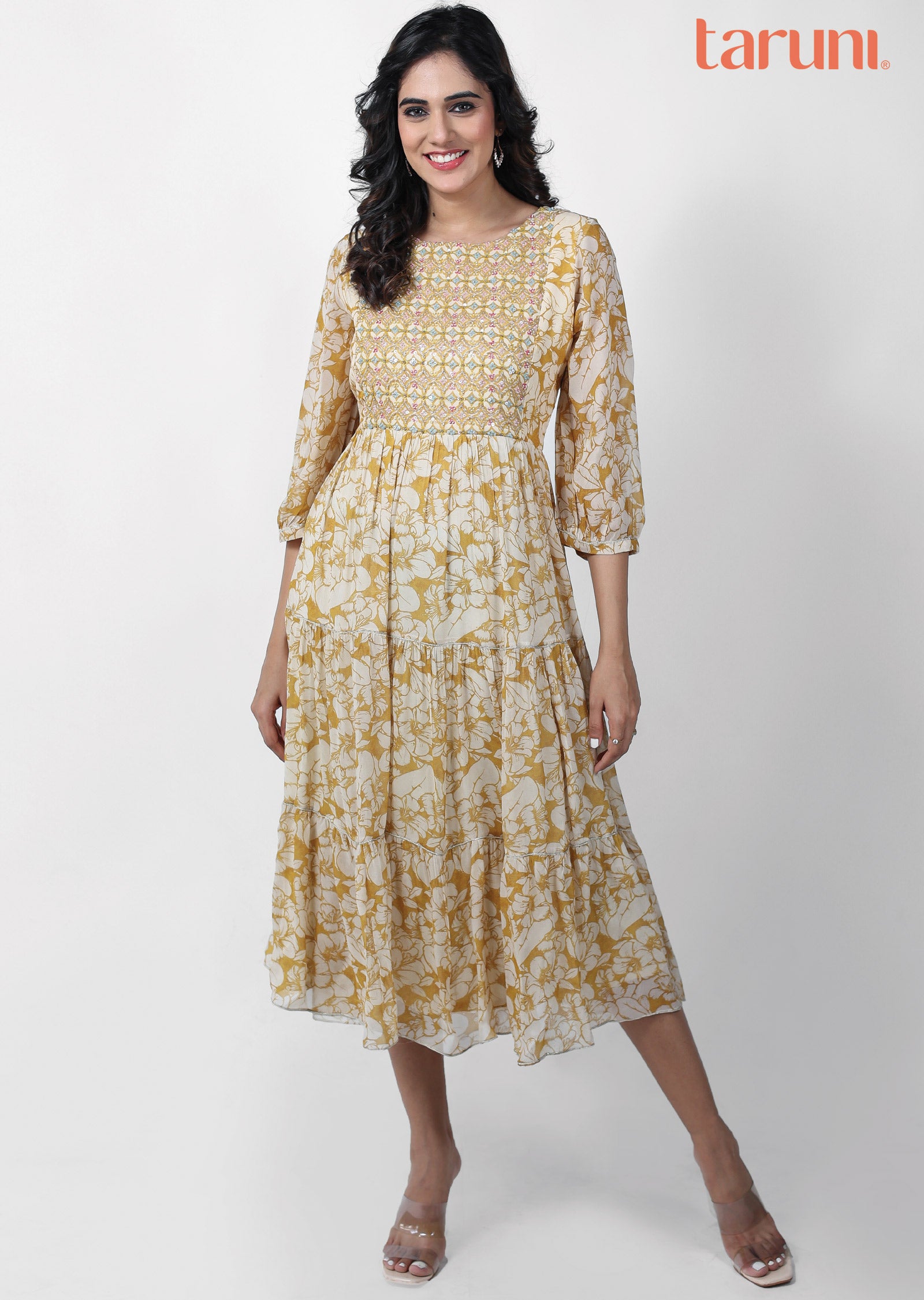 Mustard Georgette Embroidered Frock Style Kurti