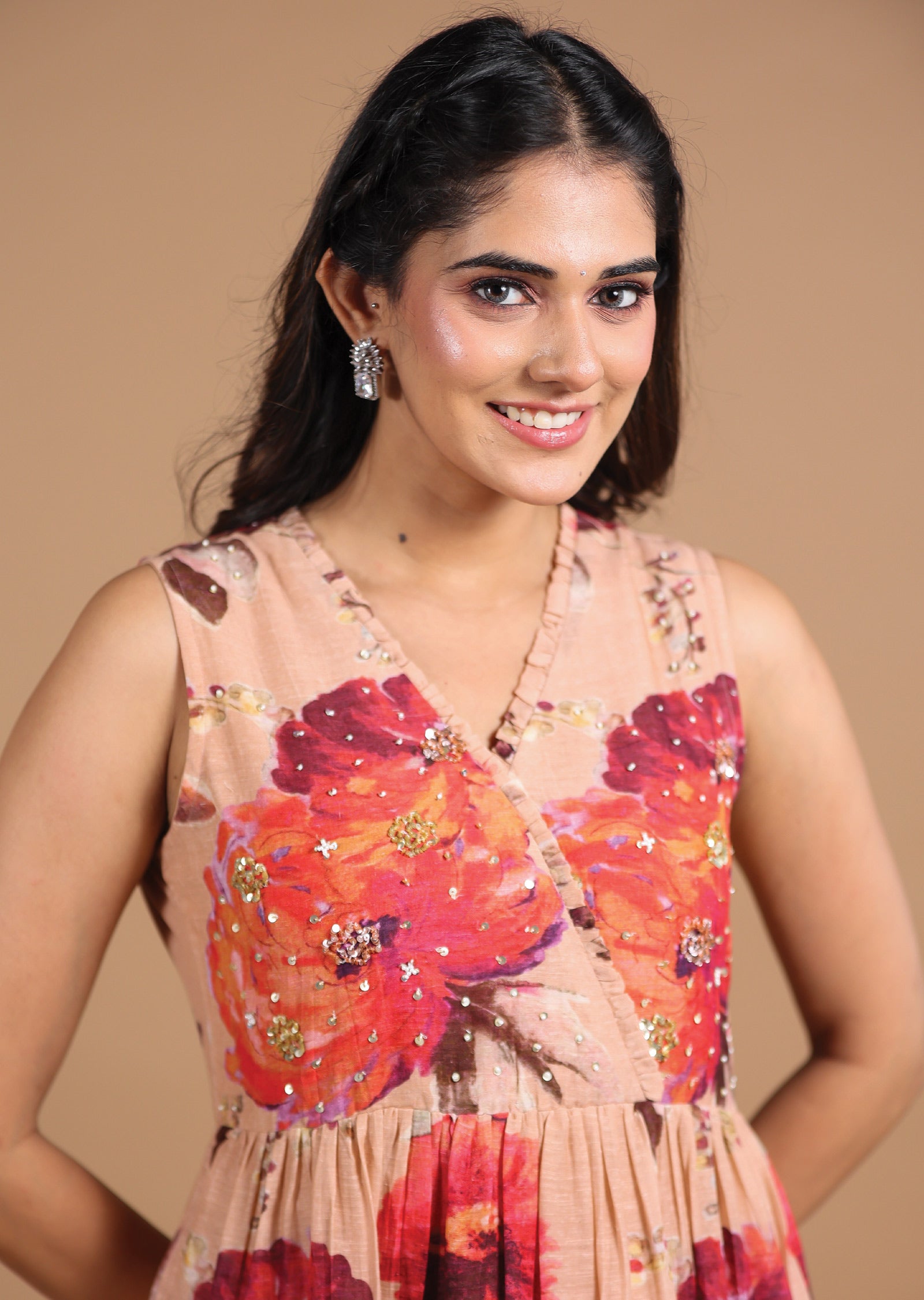 Dusty Peach Linen Silk Kurti Frock Style