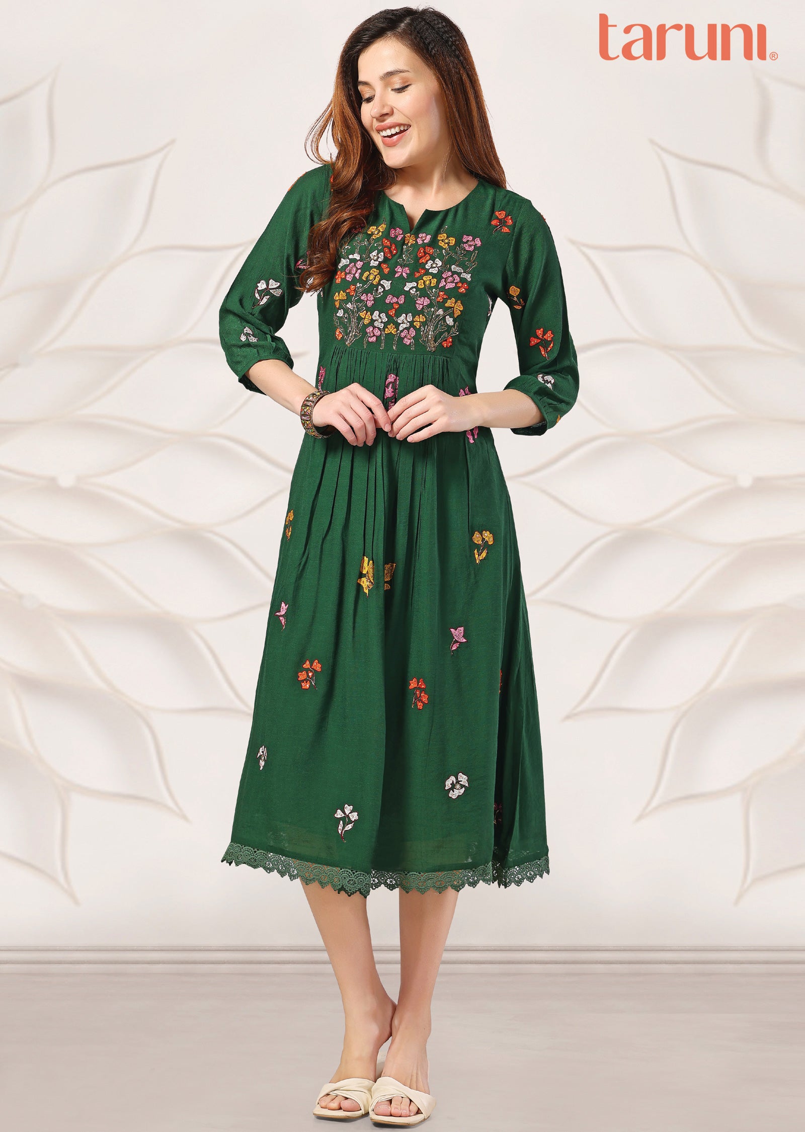 Dark Green Linen Georgette Kurti Frock Style