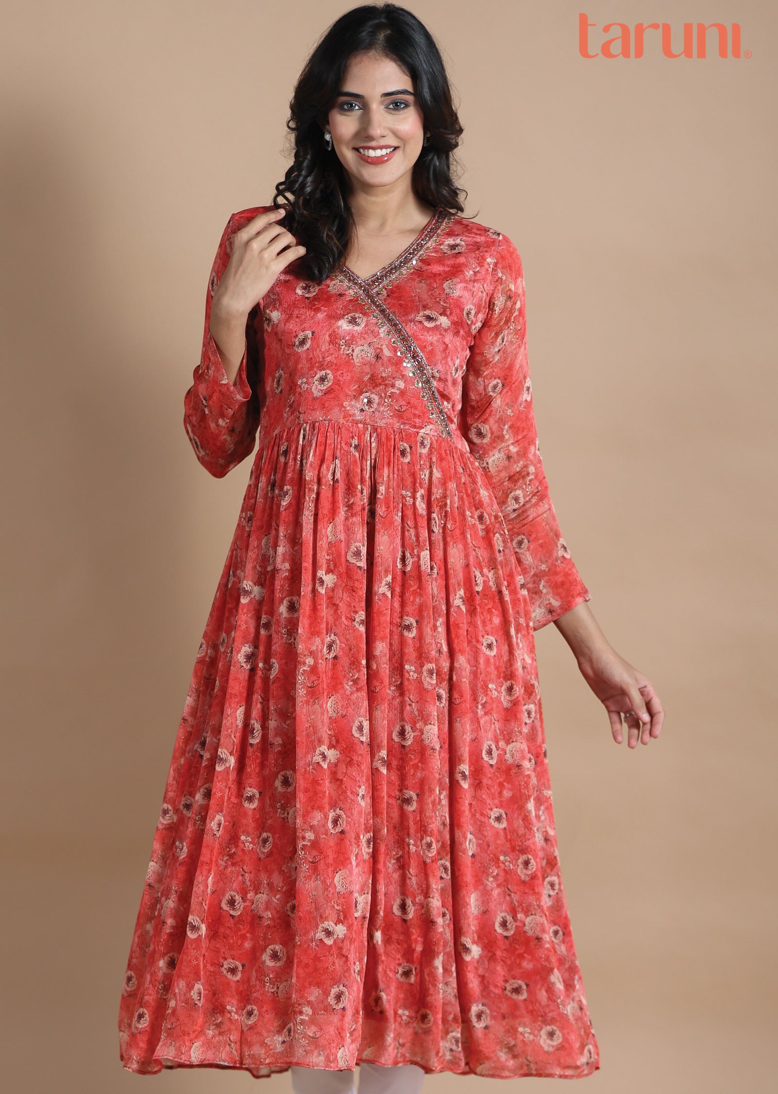 Rust Chinnon Kurti Frock Style