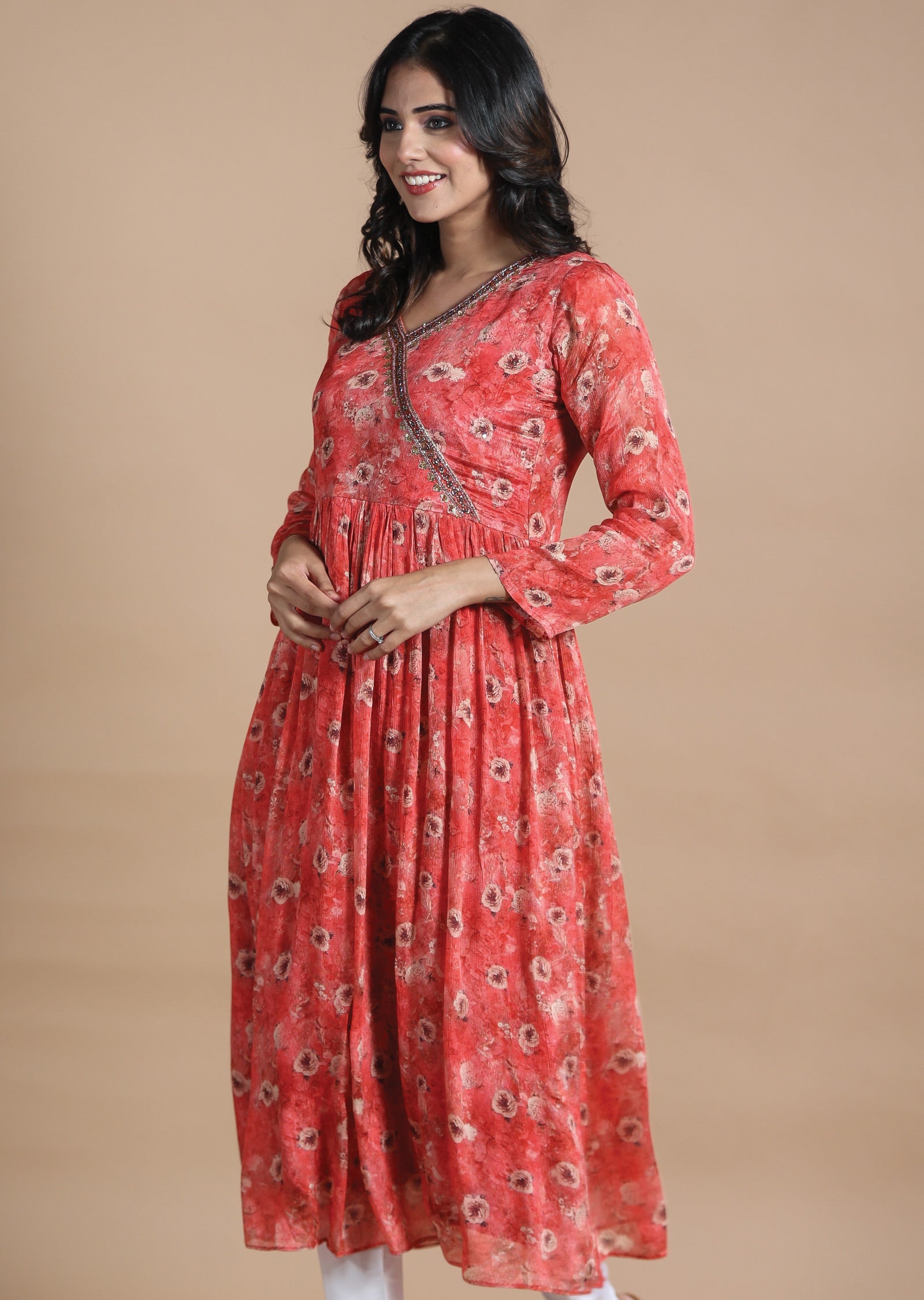 Rust Chinnon Kurti Frock Style