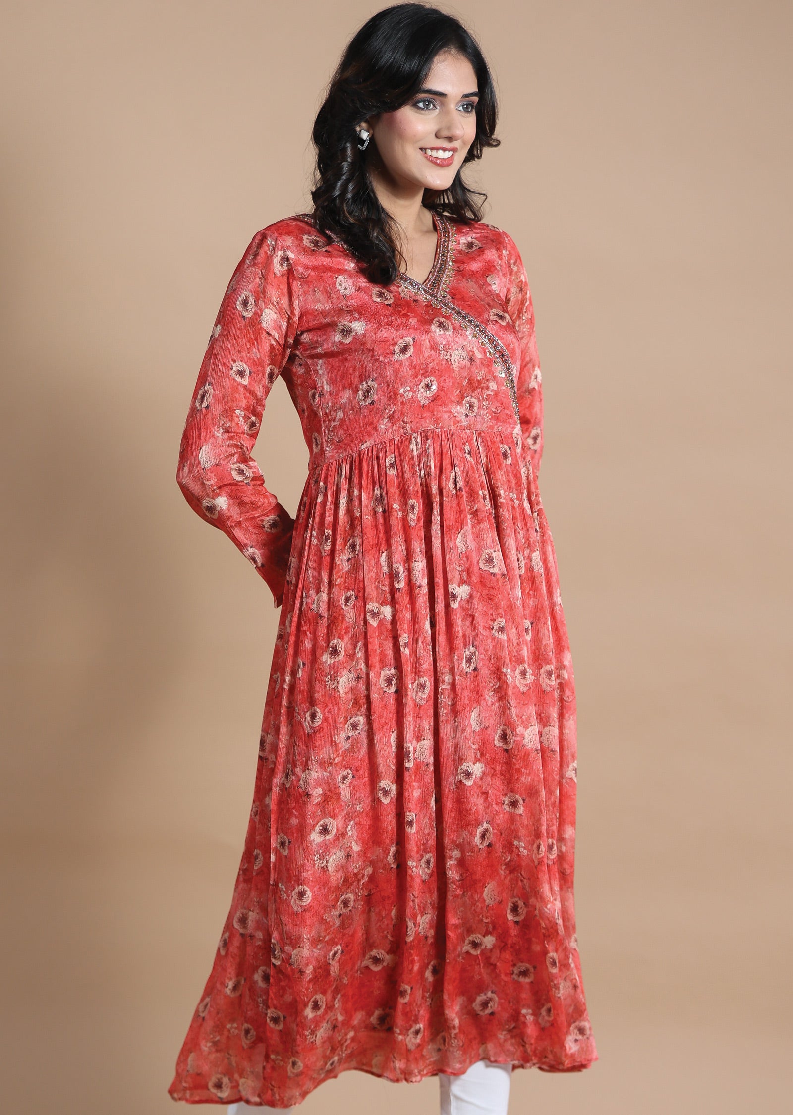 Rust Chinnon Kurti Frock Style