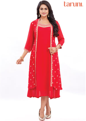 Red Georgette Frock Style Kurti with Jacket & Sequence Work