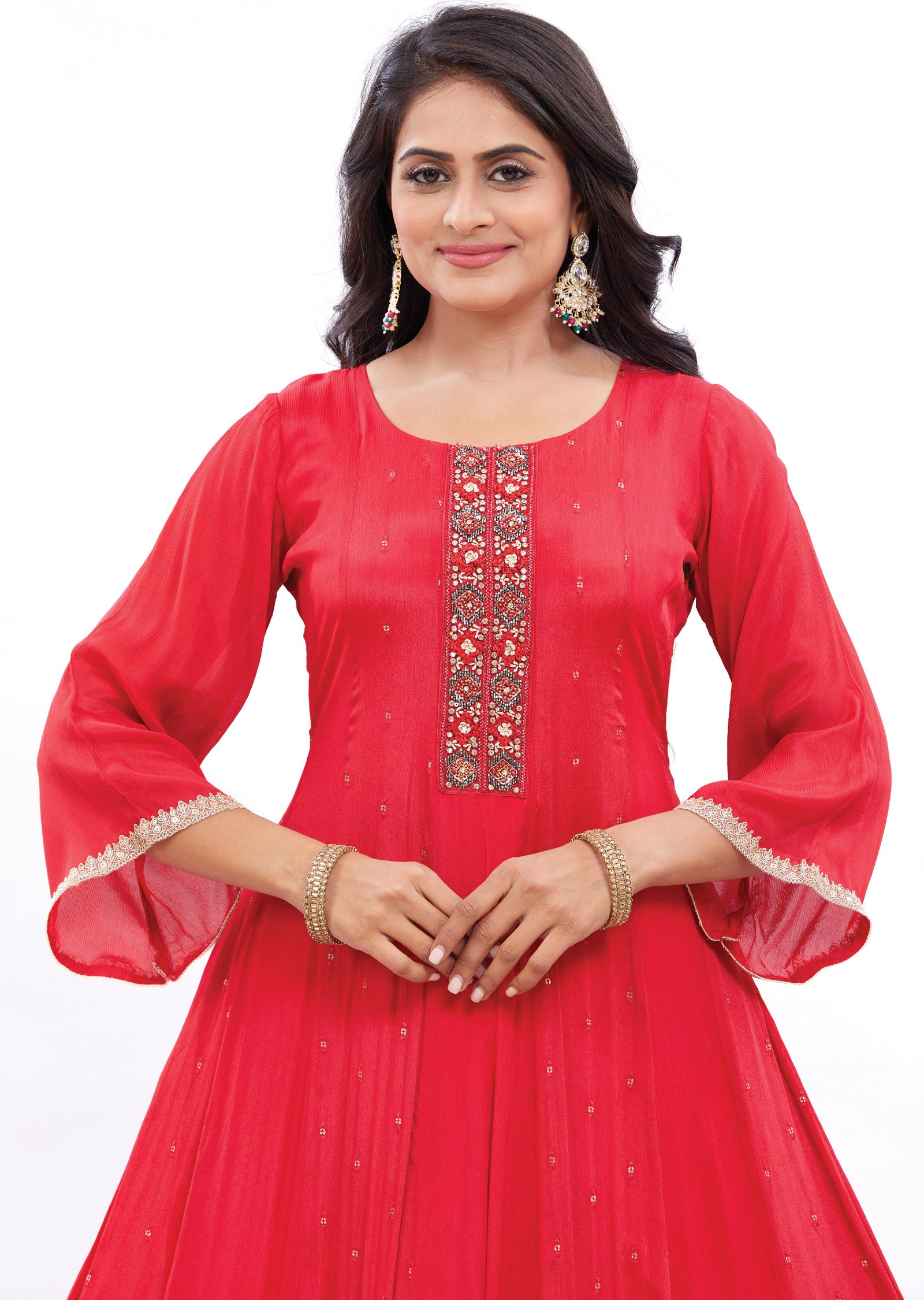 Red Chinnon Kurti Frock Style