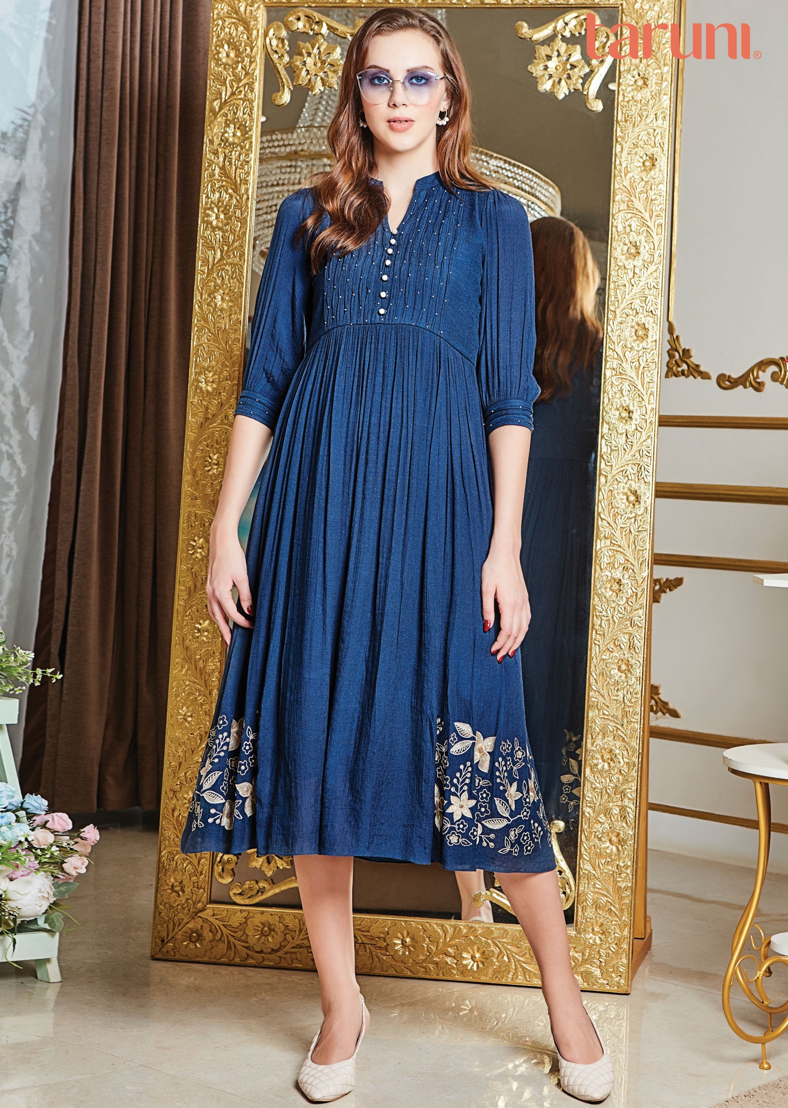 Navy Blue Frock Style Kurti with Pearl and Resham Work